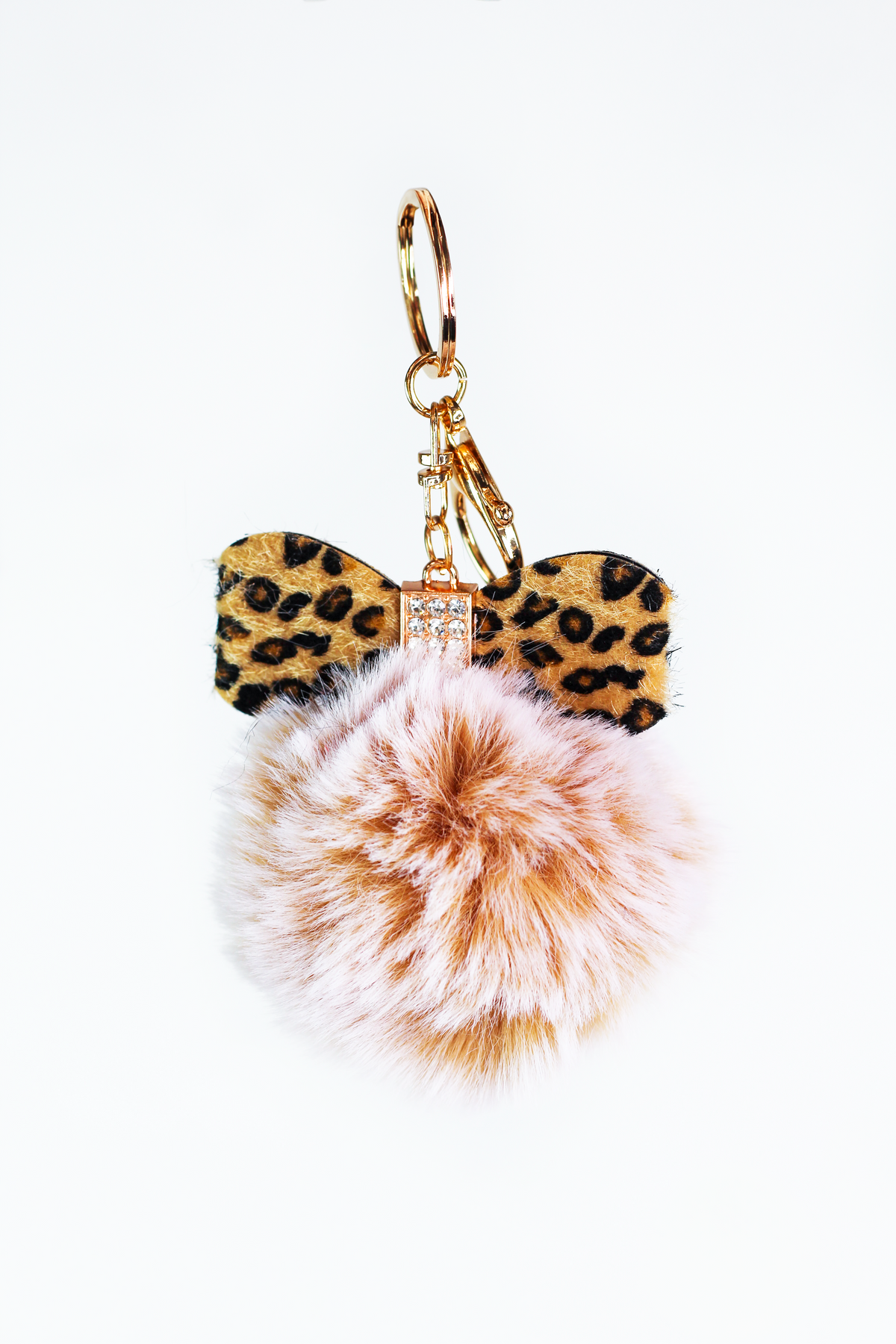 Fabric Leopard Bow &amp; Puff Ball Keychain