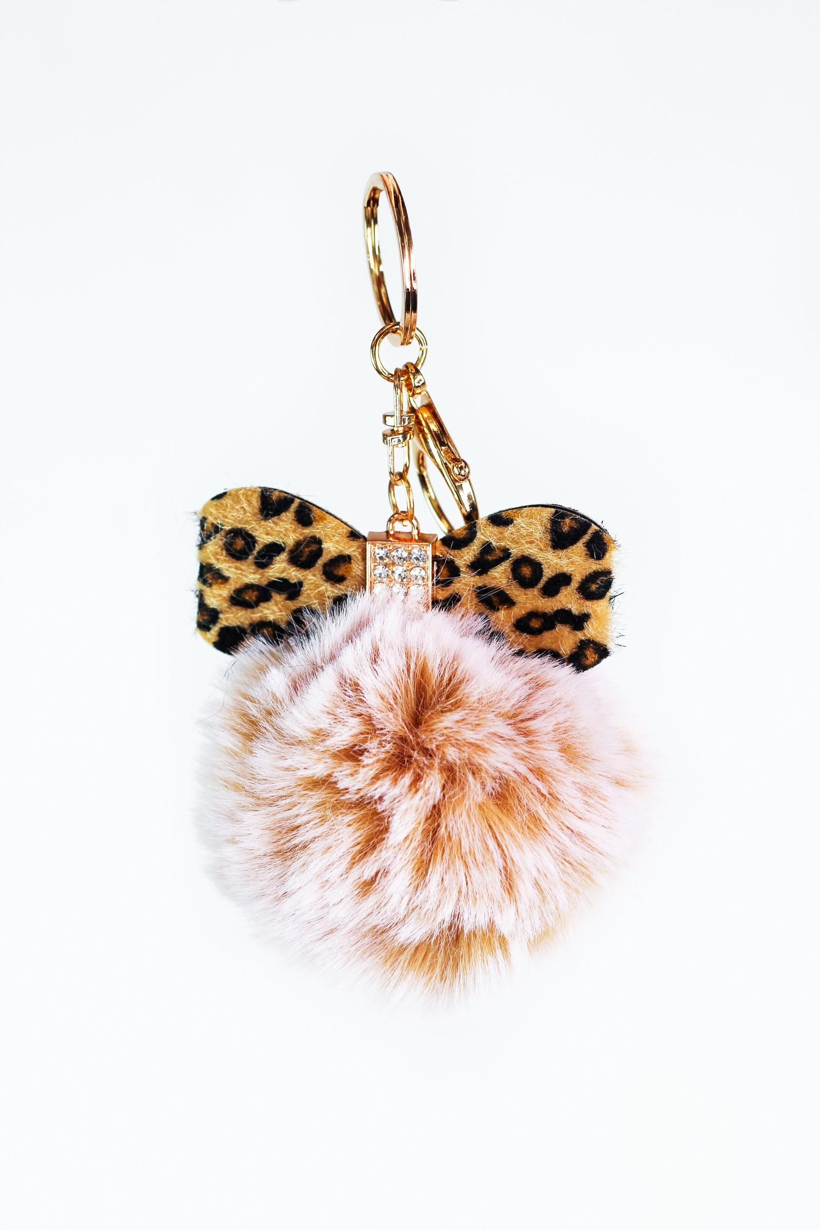 Fabric Leopard Bow & Puff Ball Keychain