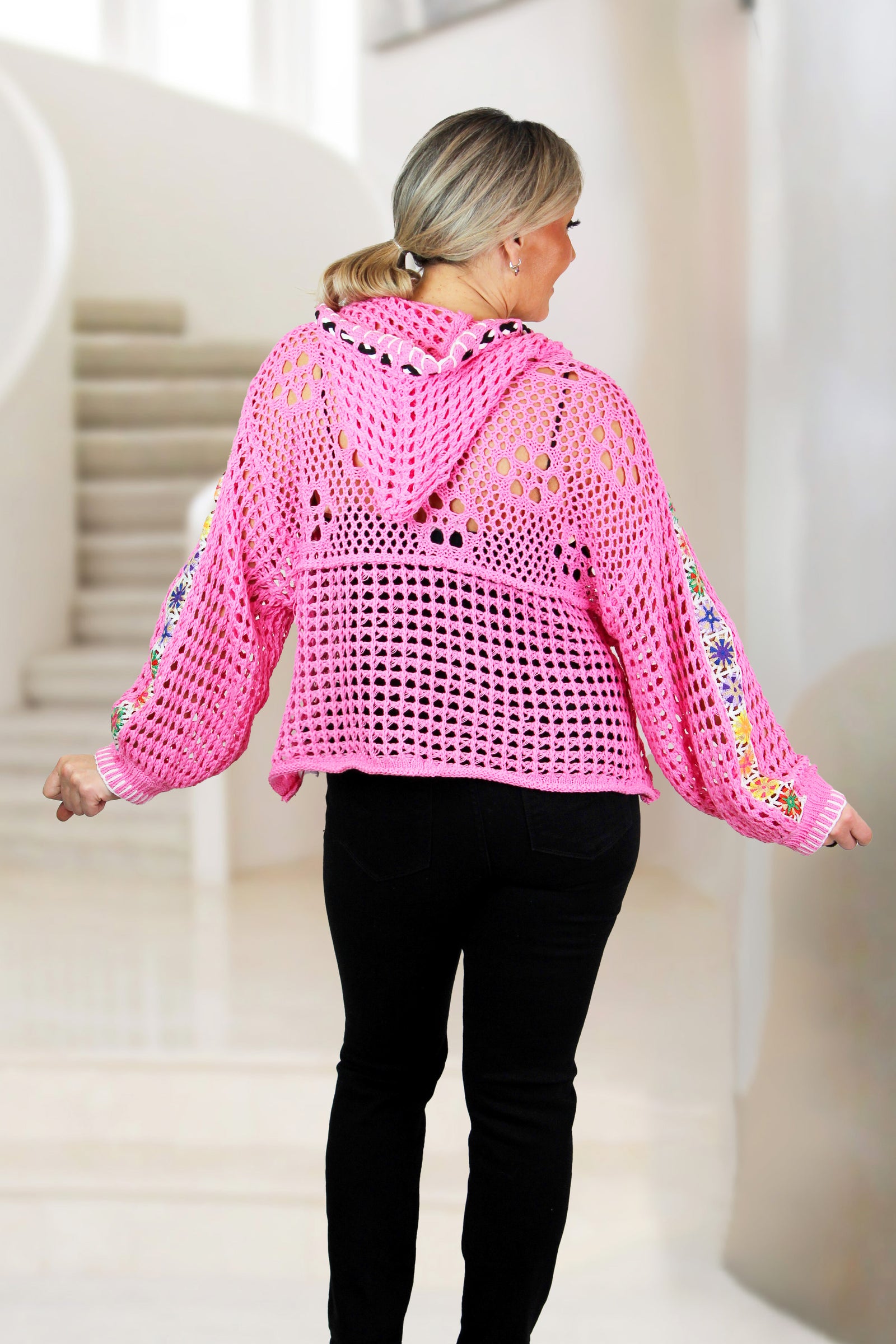 Open Knit Zippered Hoodie w/ Colorful Trim