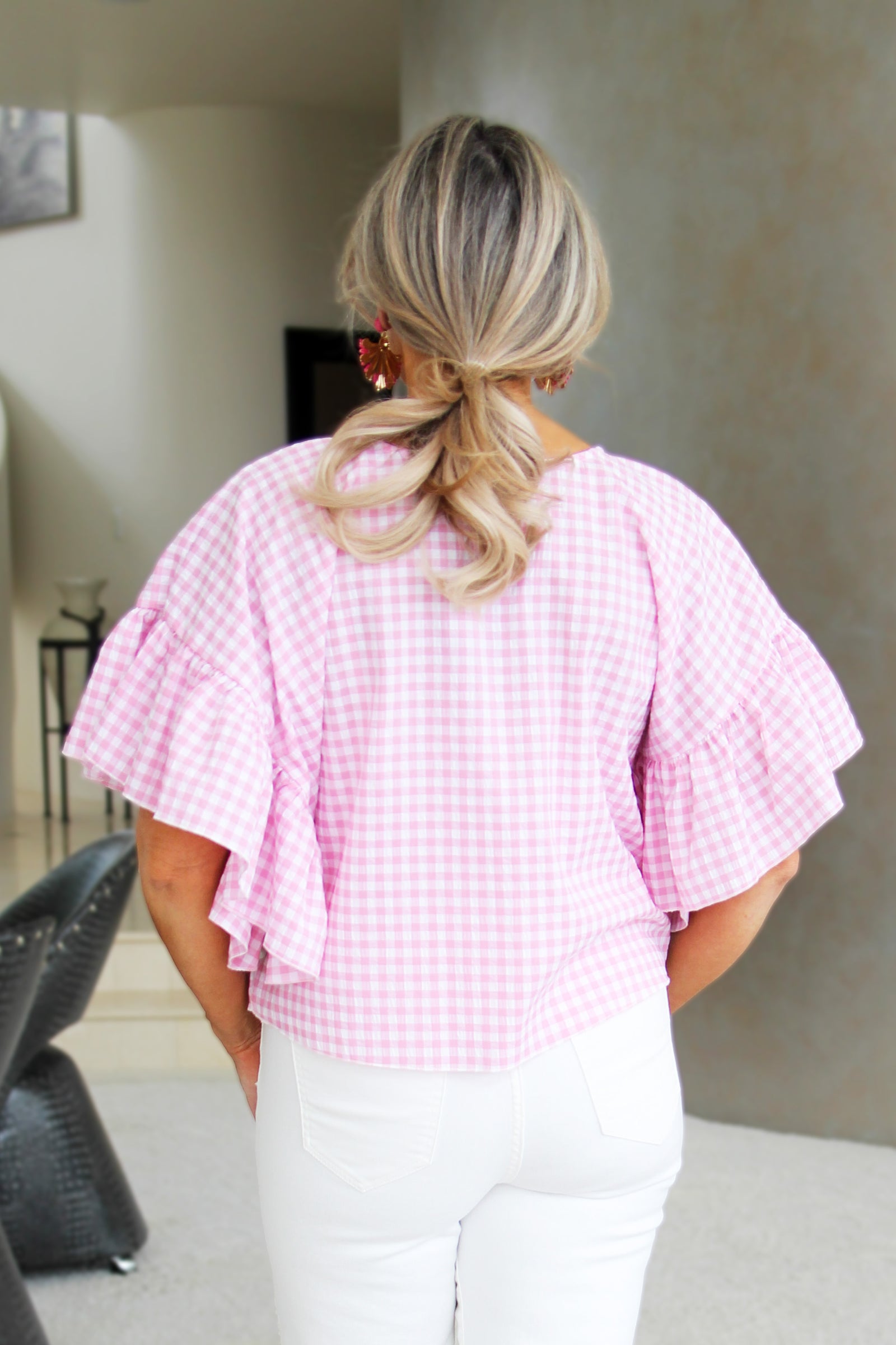 Boxy Gingham Plaid Top w/ Ruffle Sleeves