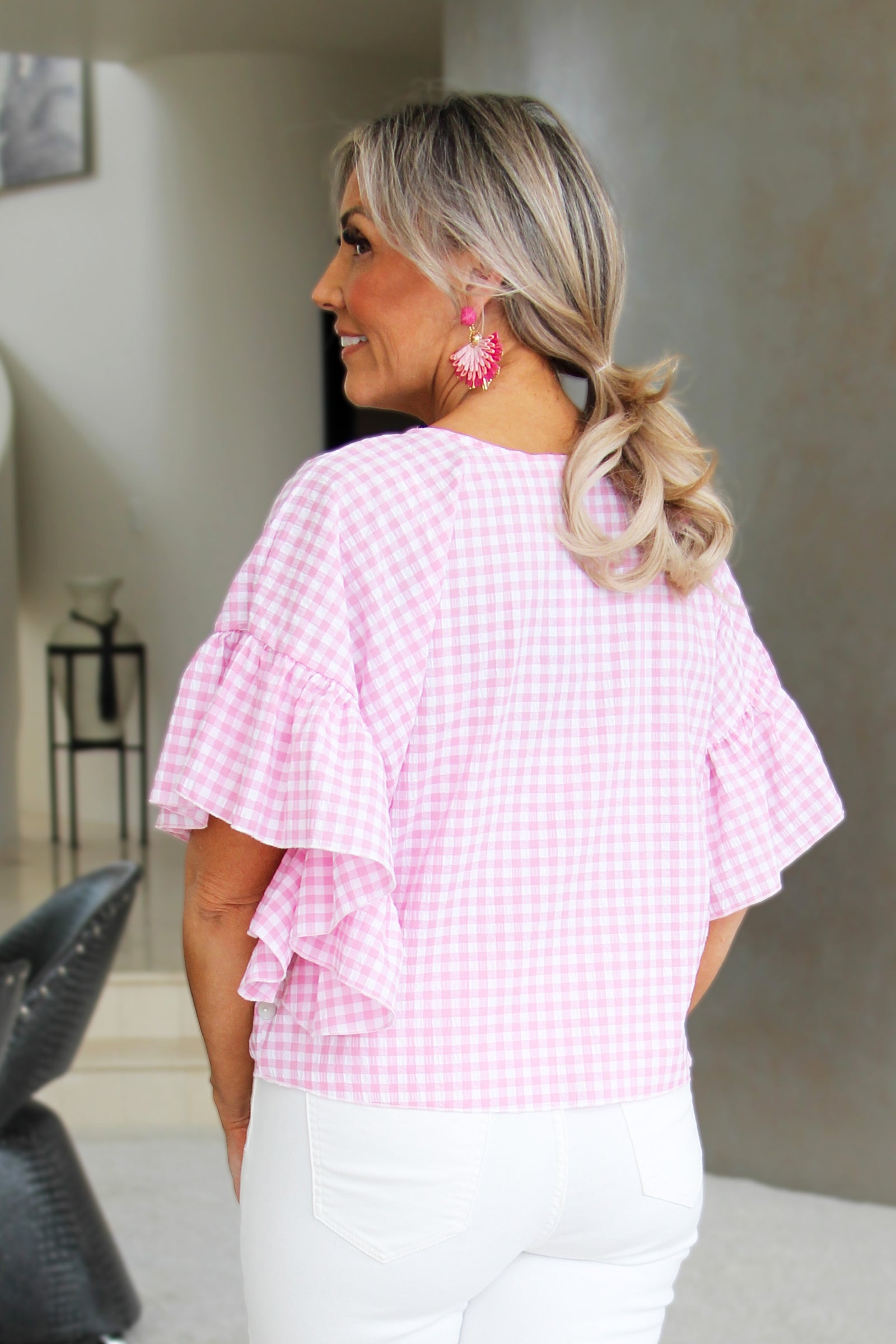 Boxy Gingham Plaid Top w/ Ruffle Sleeves