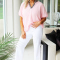 V-Neck Puckered Knit Top w/ Leopard Neck Trim