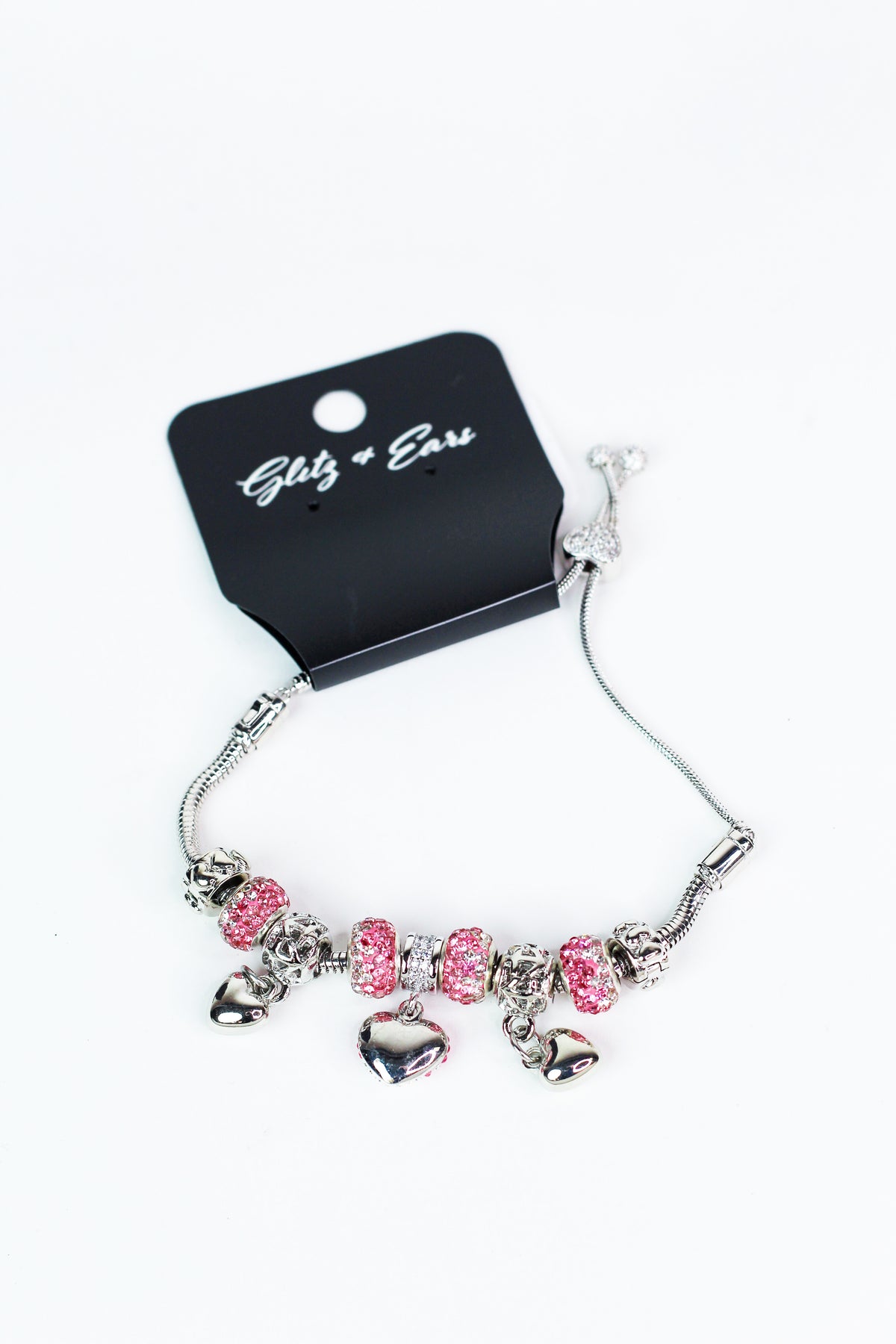 Rhinestone Charm Pull Bracelet with Ombre Puffy Heart