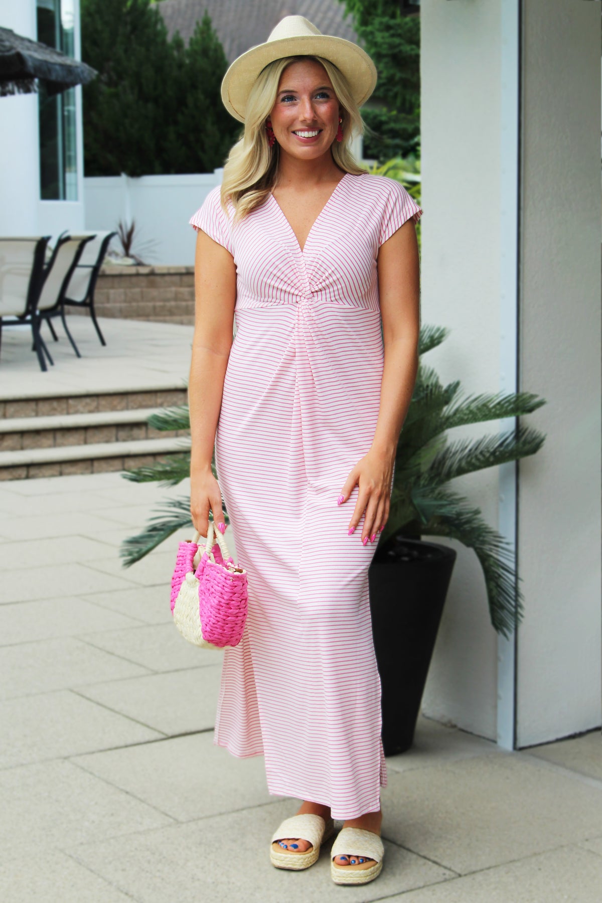 V-Neck Twist Front Striped Knit Maxi Dress w/ Side Slits
