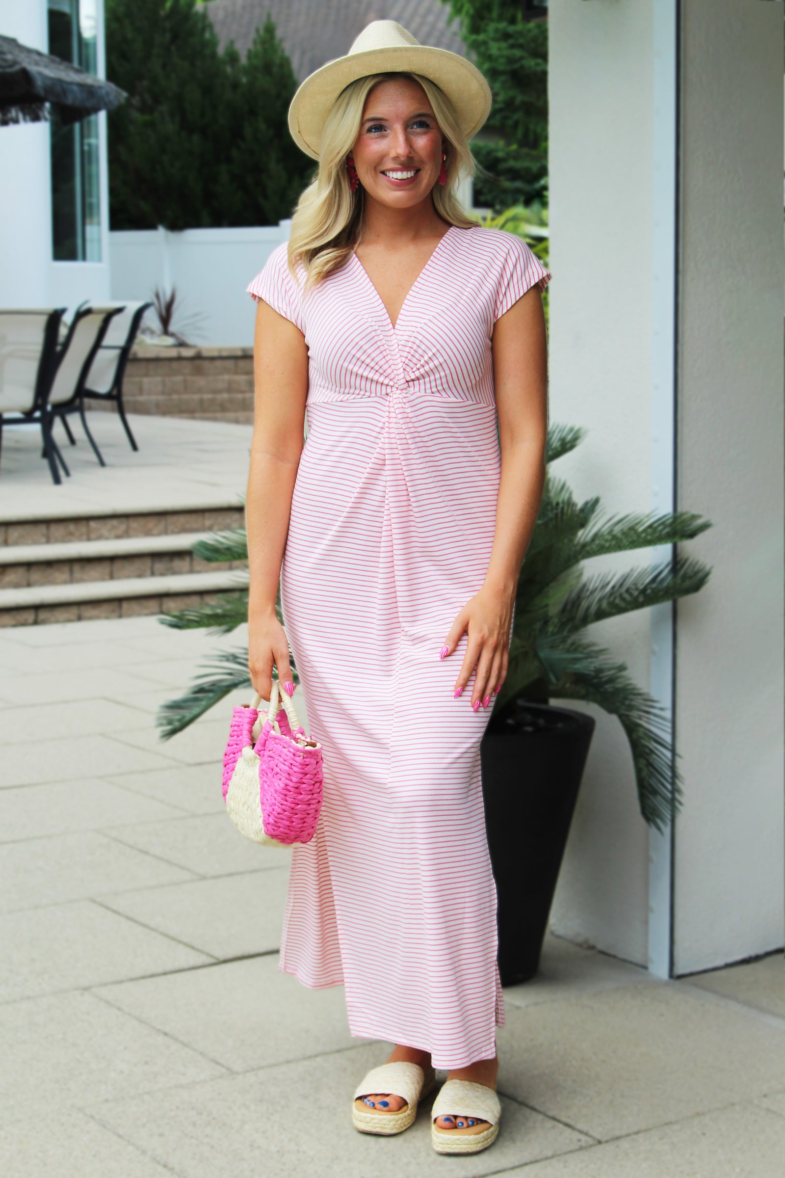 V-Neck Twist Front Striped Knit Maxi Dress w/ Side Slits