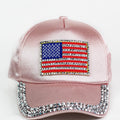 Satin USA Flag Baseball Cap w/ Rhinestone Trim