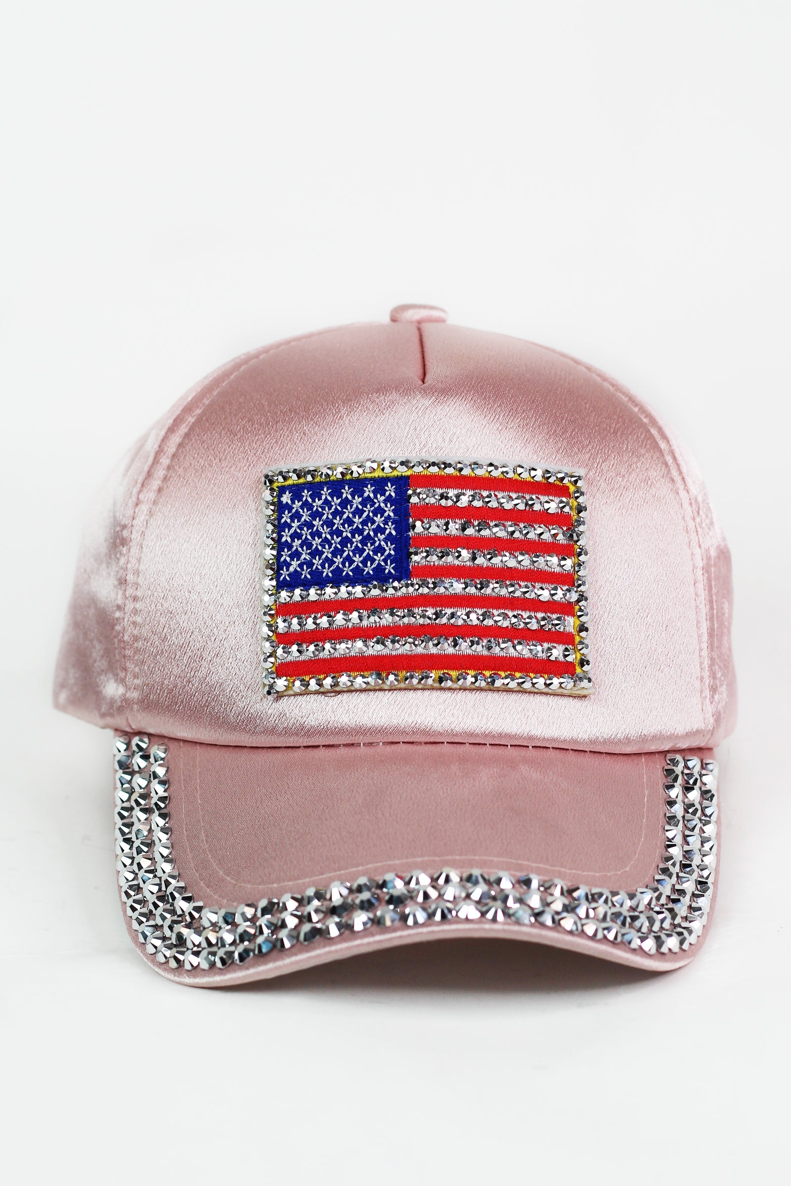 Satin USA Flag Baseball Cap w/ Rhinestone Trim