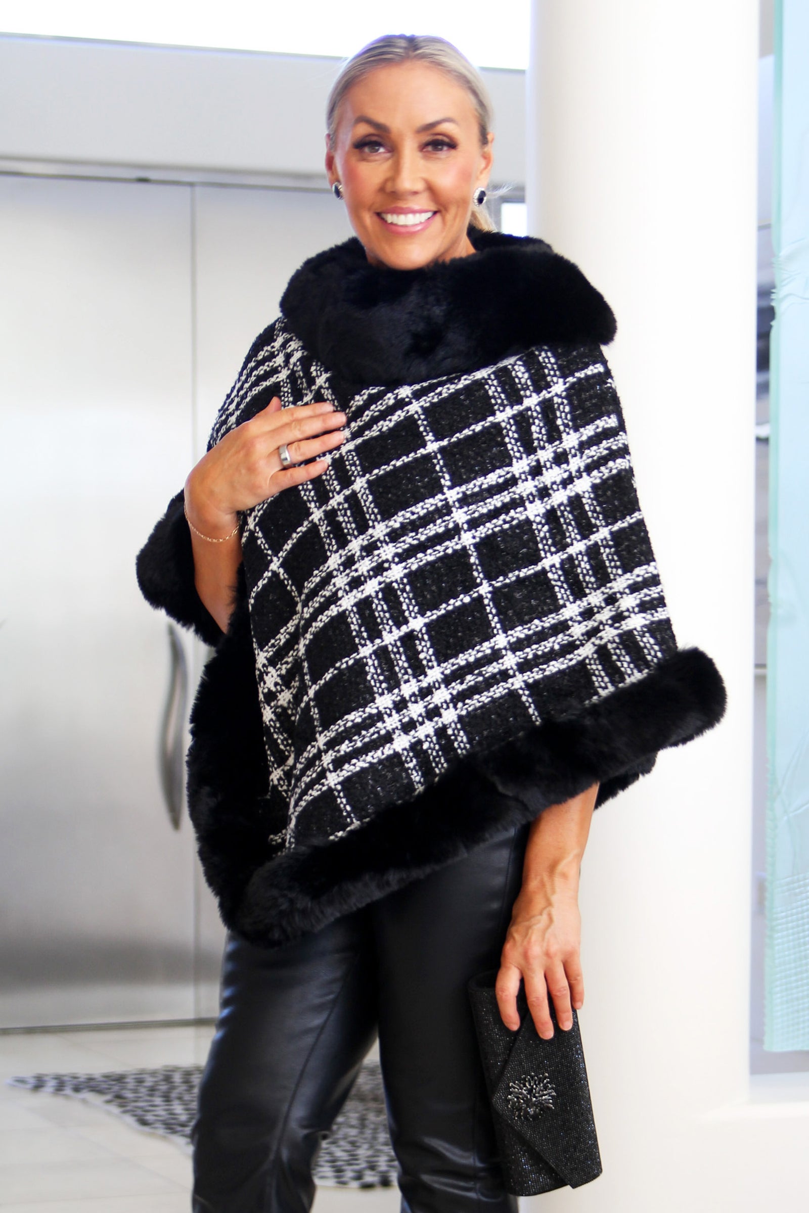 Diagonal Plaid Faux Fur Trimmed Poncho