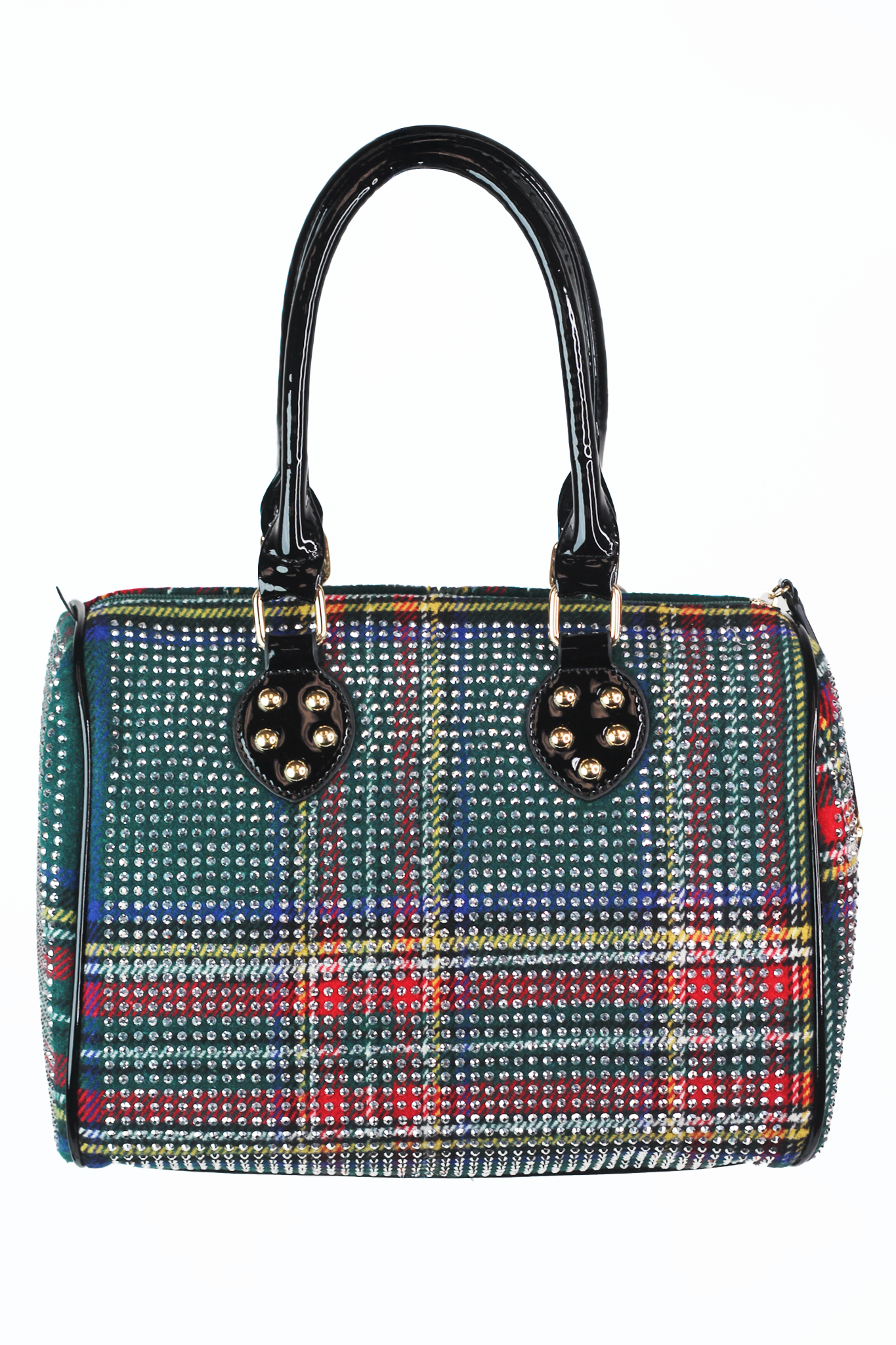 All Over Rhinestone Duffle Purse w/ Faux Patent Leather Accents