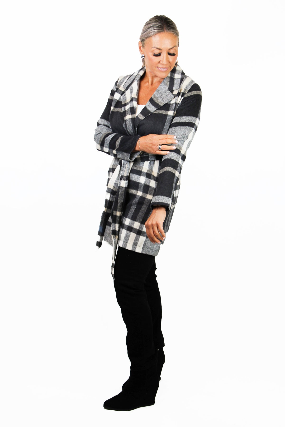Soft Plaid Unlined Jacket w/ Waist Belt