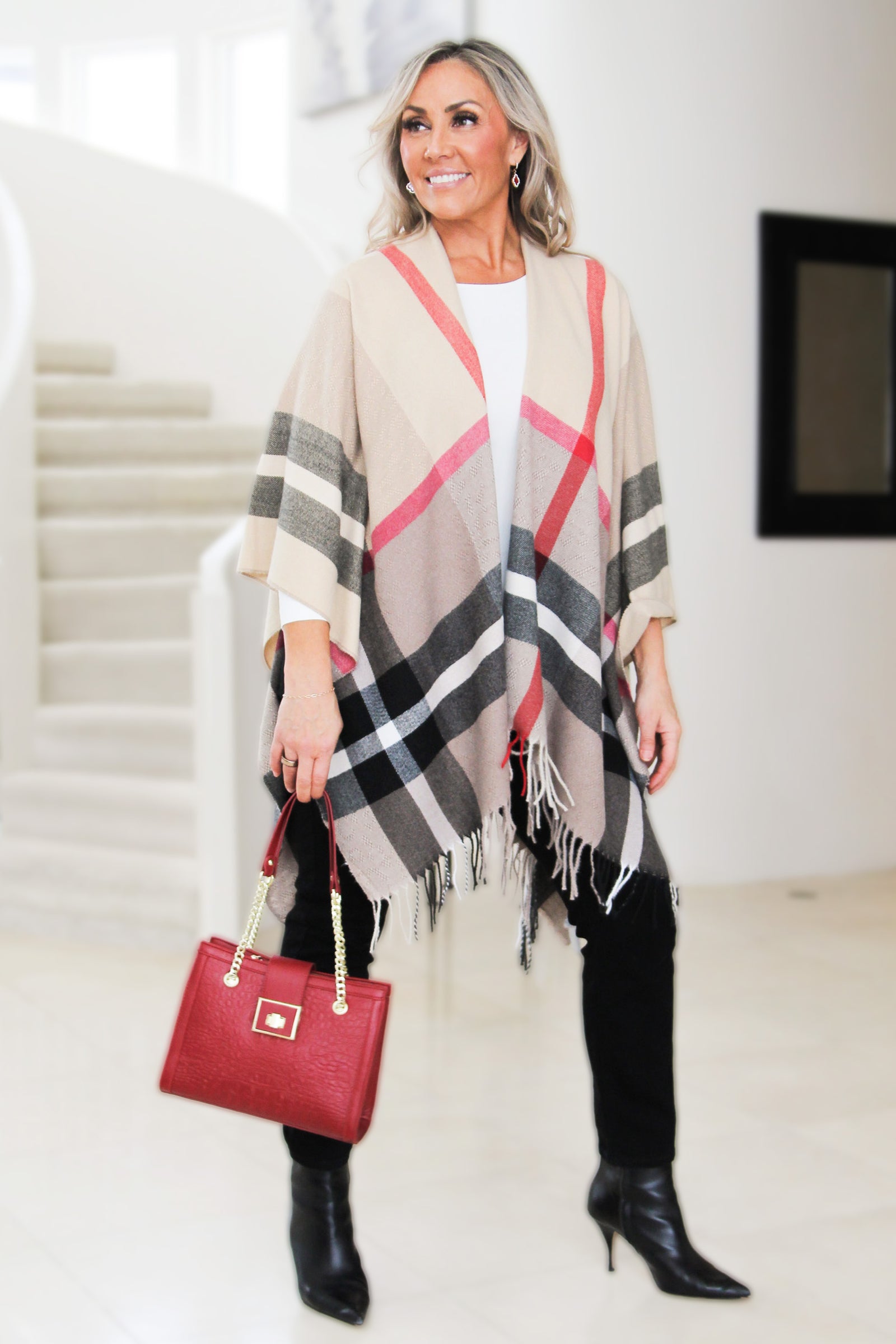 Soft Plaid Ruana w/ Fringe