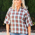Ruffle Neck Plaid Top w/ Loose Short Sleeves