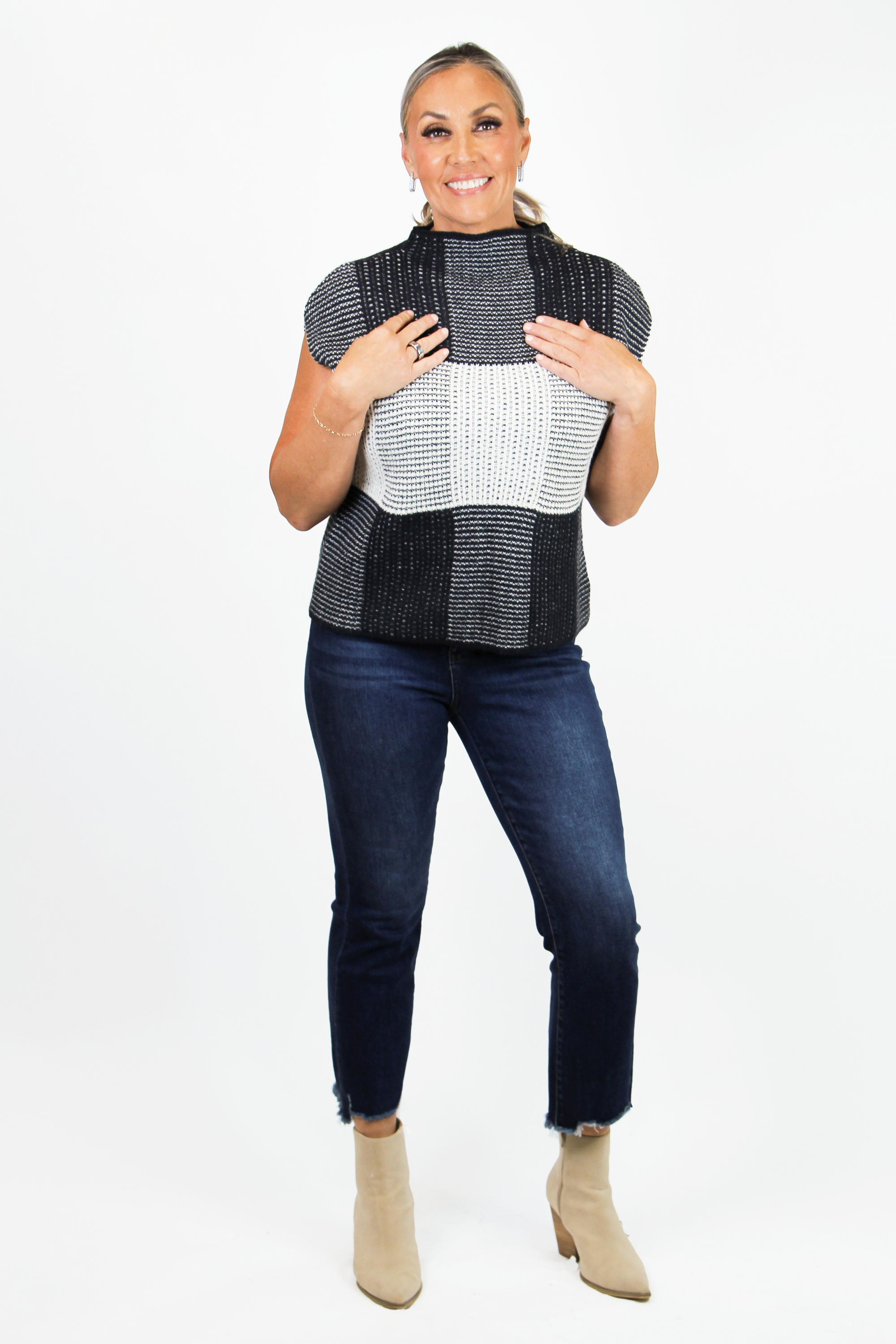 High Neck Wide Shoulder Plaid Sweater Vest