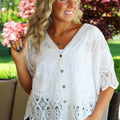 V-Neck Button Down Top w/ Lace & Embroidered Details
