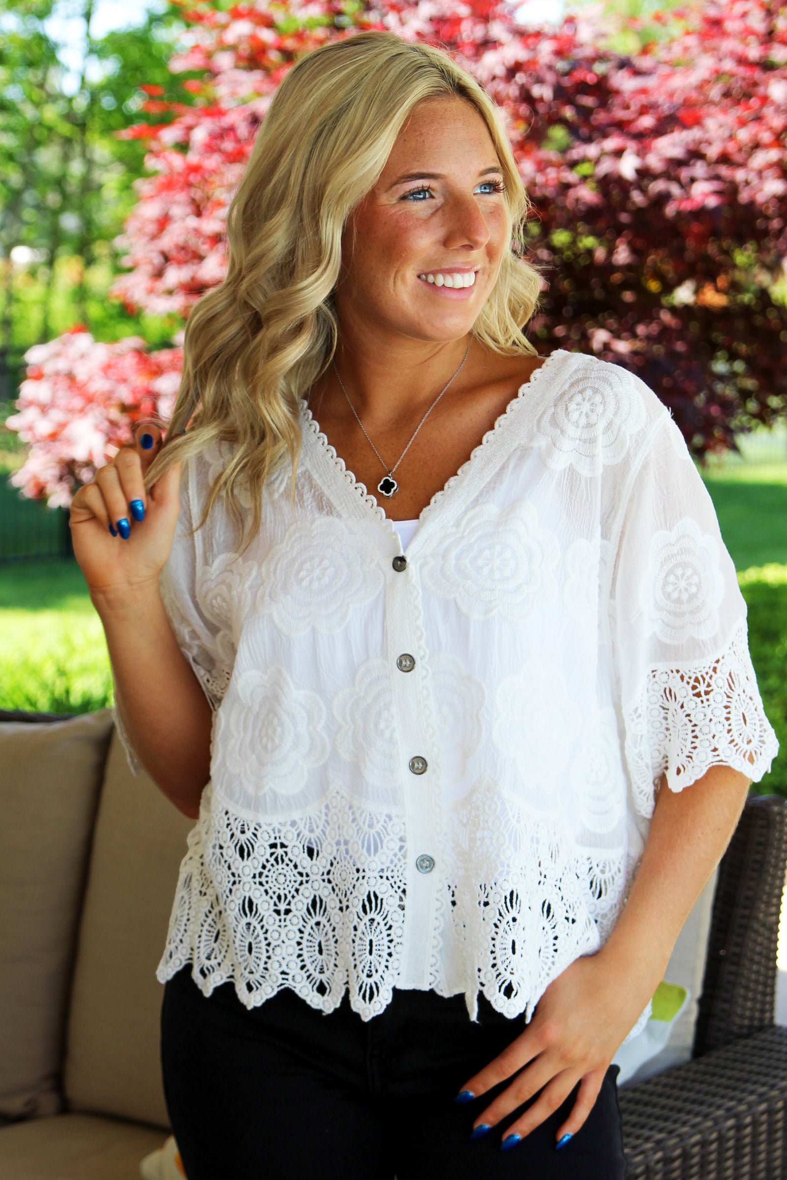 V-Neck Button Down Top w/ Lace & Embroidered Details