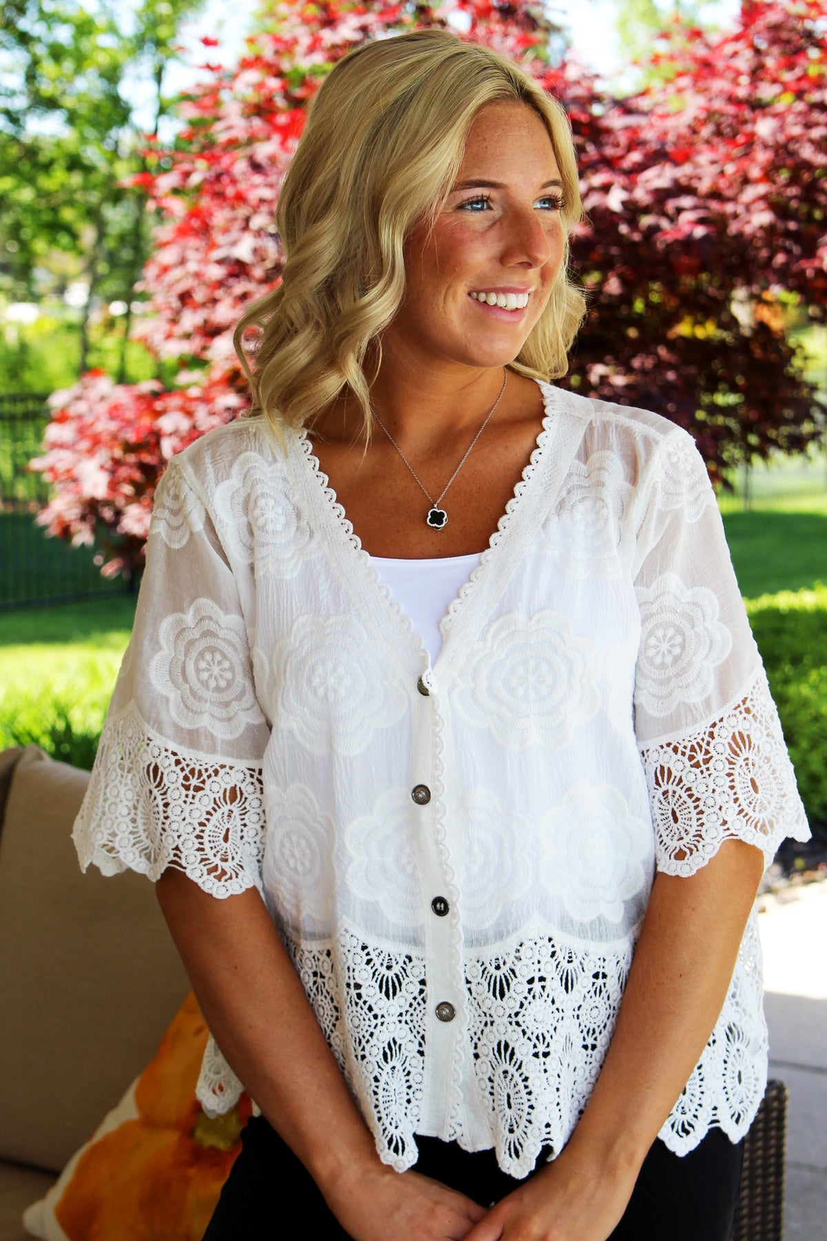 V-Neck Button Down Top w/ Lace & Embroidered Details