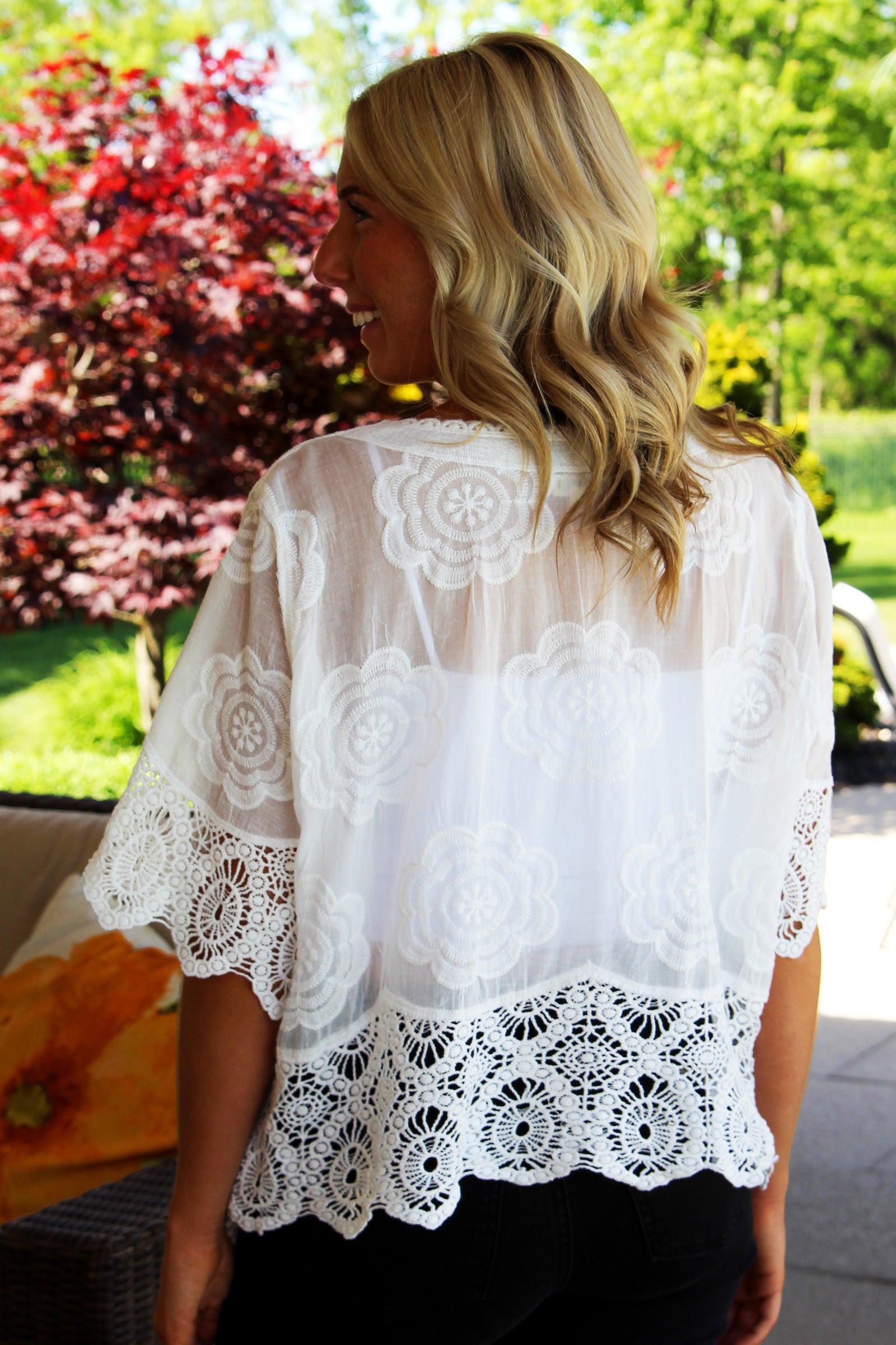 V-Neck Button Down Top w/ Lace & Embroidered Details