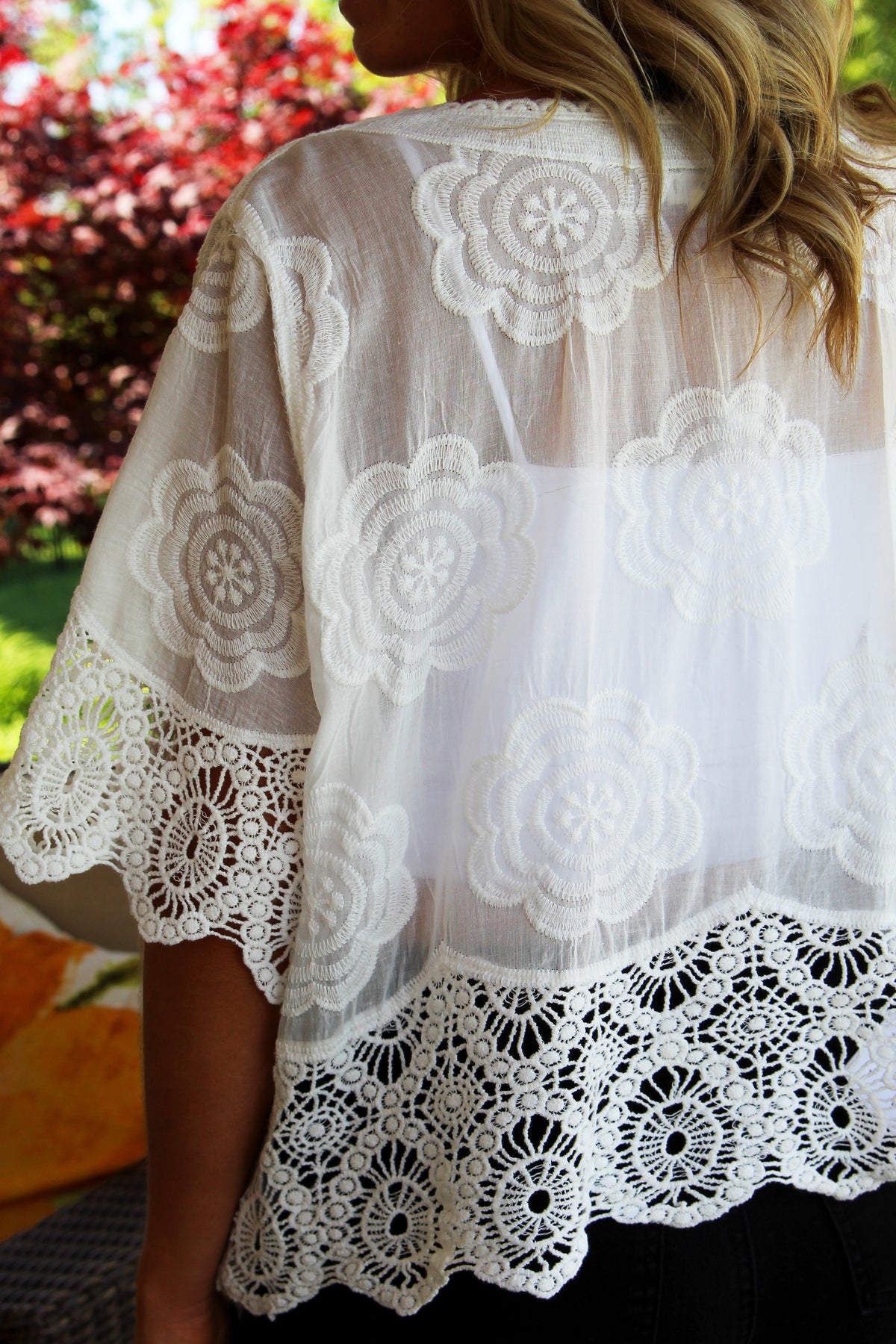 V-Neck Button Down Top w/ Lace & Embroidered Details