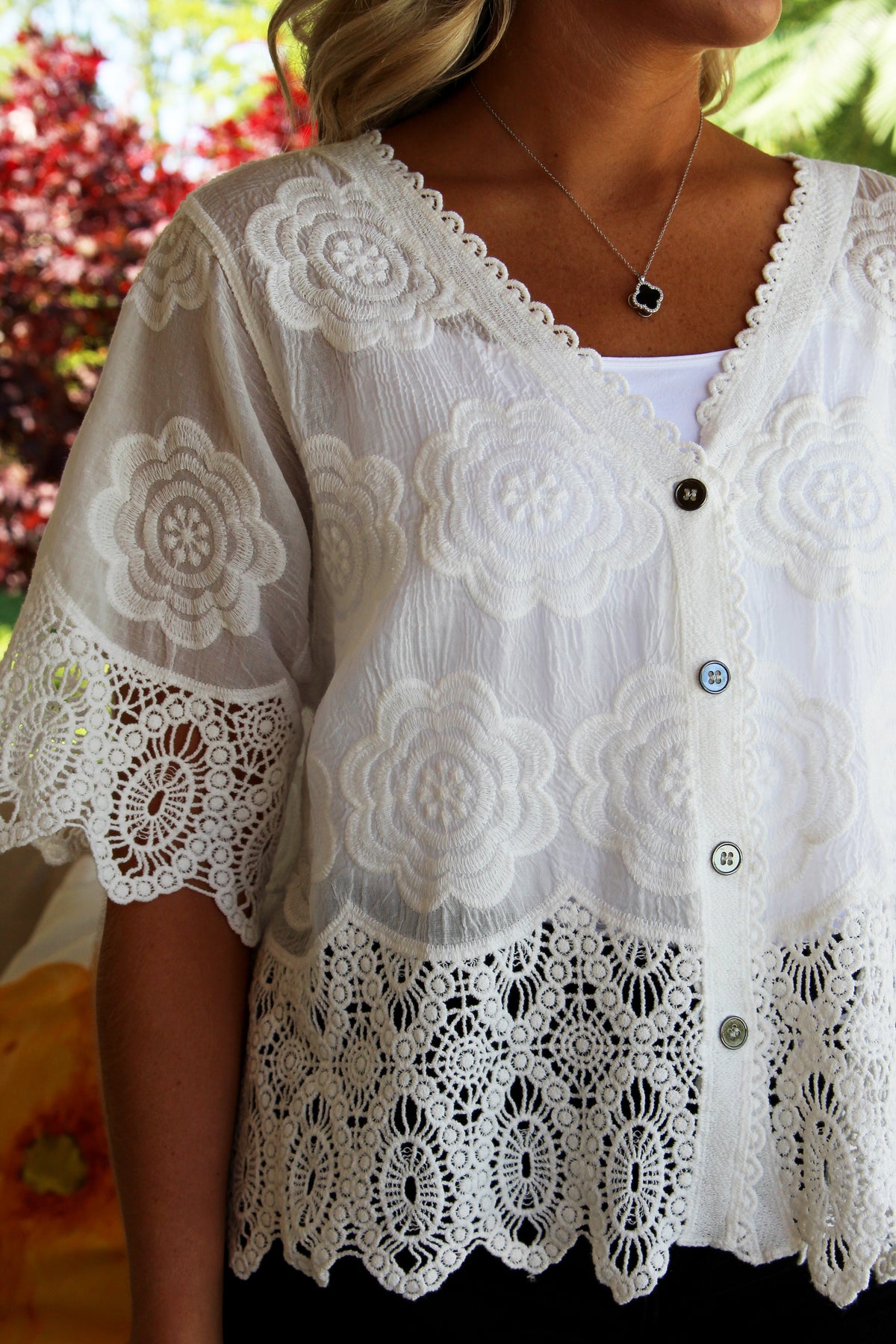 V-Neck Button Down Top w/ Lace & Embroidered Details