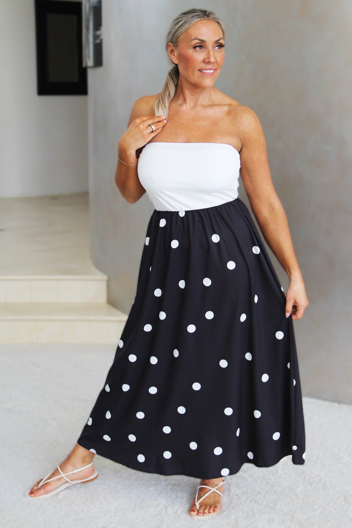 Strapless Two Toned Polka Maxi Dress