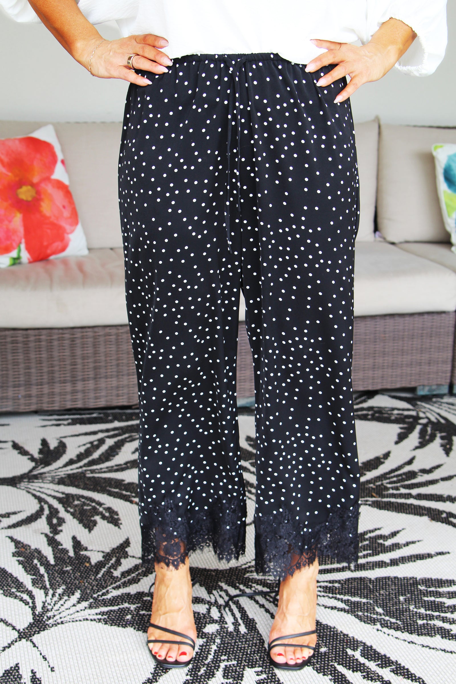 Silky Polka Dot Pant w/ Lace Hem
