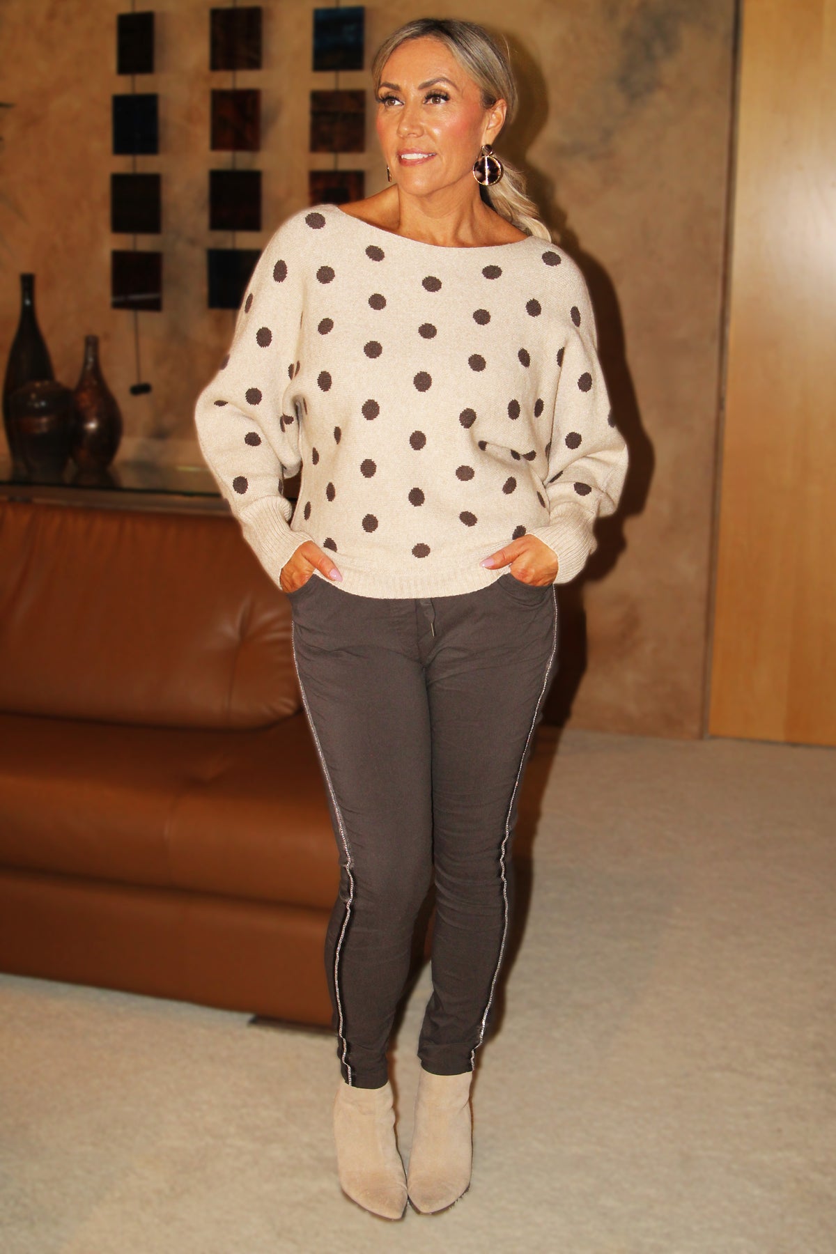 Boat Neck Long Sleeve Polka Dot Sweater