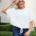 Textured Knit Ruffle Lace Stud Crop Short Top