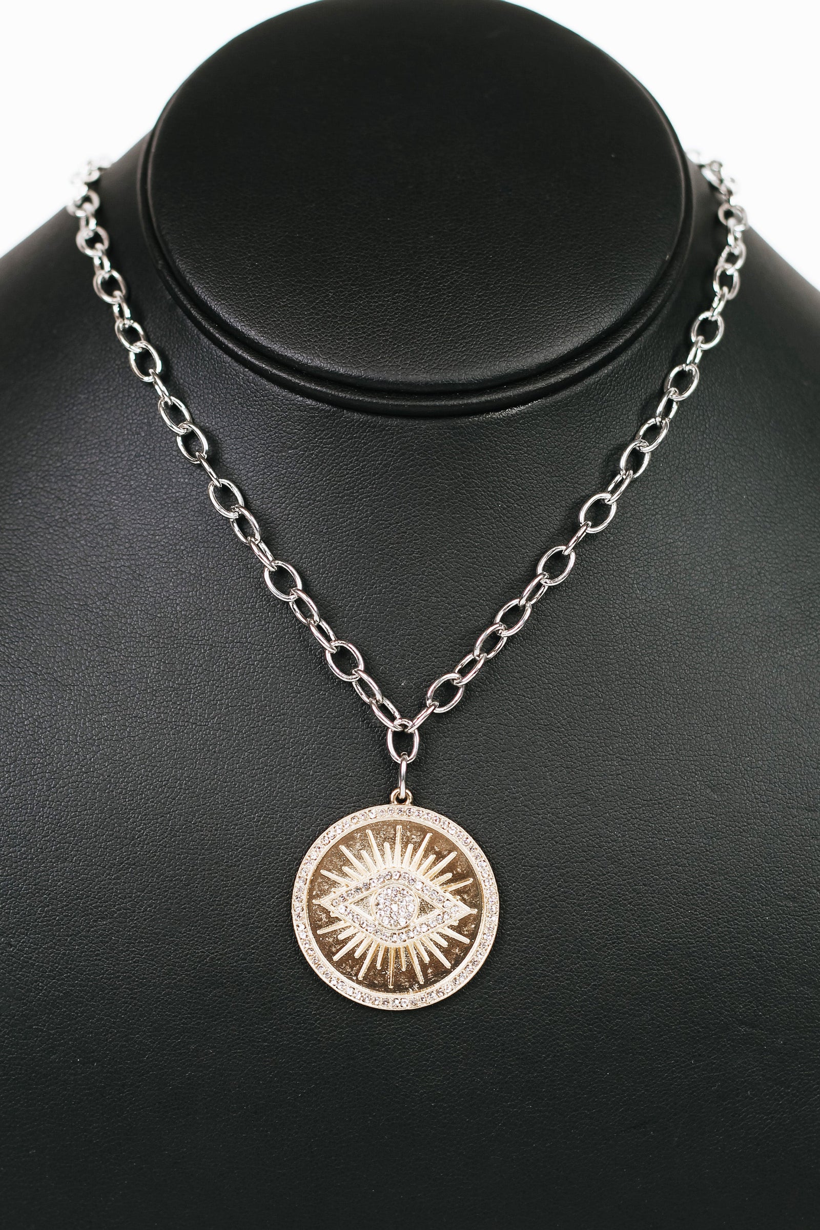 Round Rhinestone Evil Eye Pendant Necklace