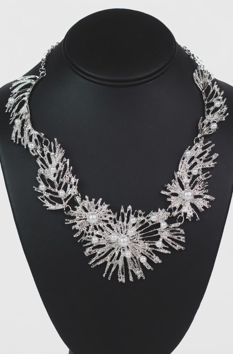 Radial Branch Flower Pearl Accent Statement Necklace