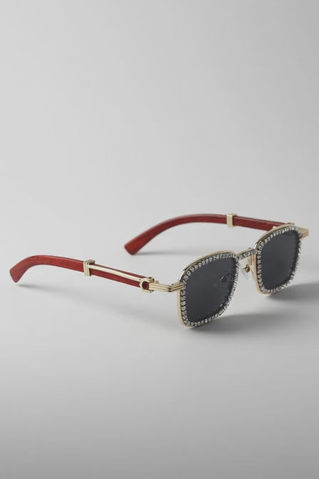 Full Rhinestone Framed Redwood Arm Design Sunglasses