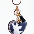 Puffy Cow Print Rhinestone Trimmed Heart Keychain wl Tassel