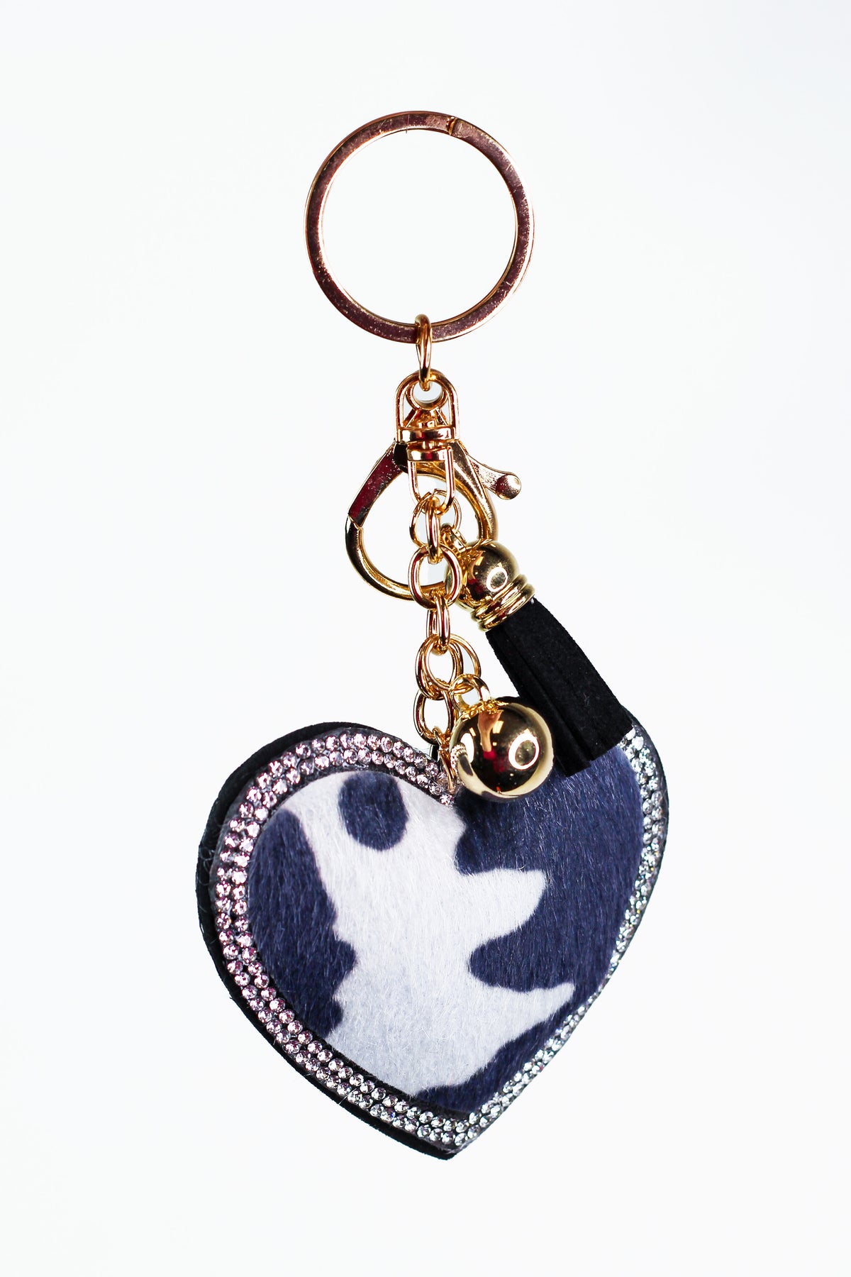 Puffy Cow Print Rhinestone Trimmed Heart Keychain wl Tassel