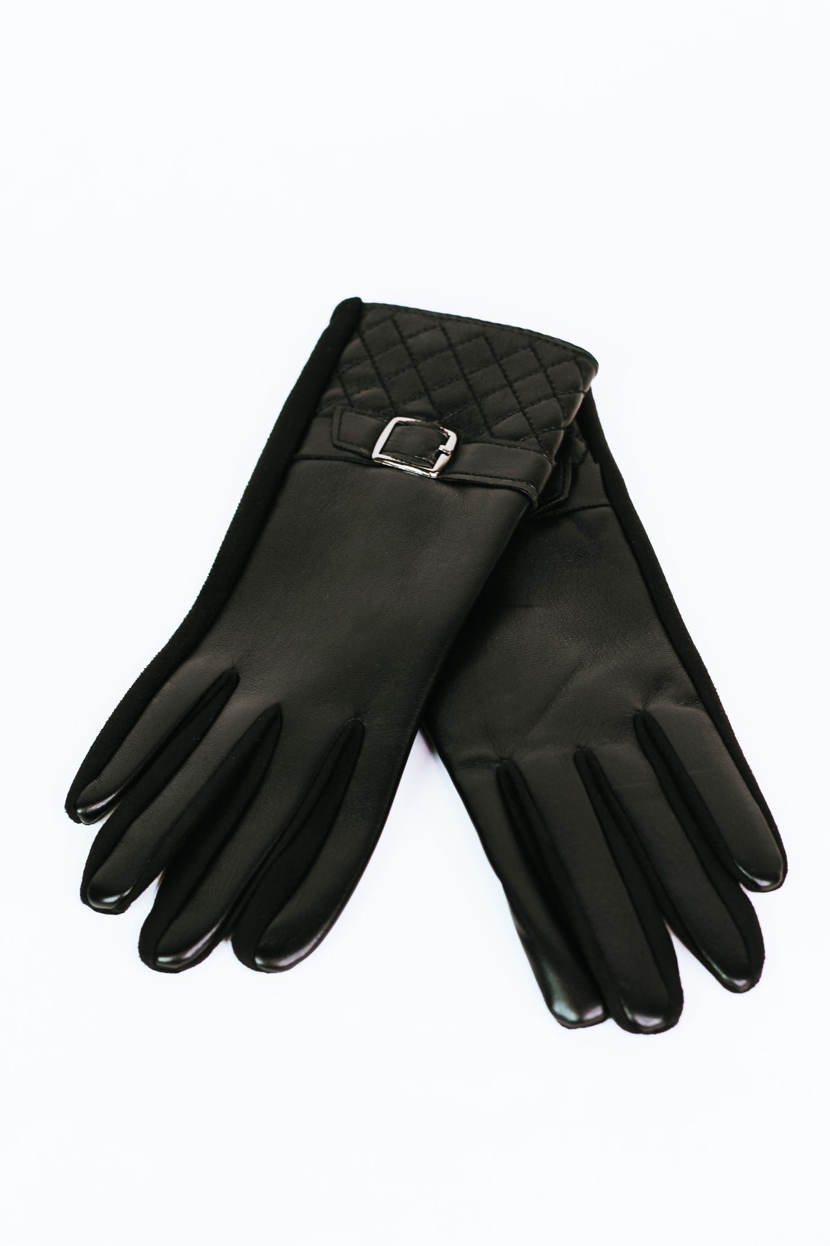 Faux Leather Gloves w/ Quilted Cuff &amp; Buckle Strap