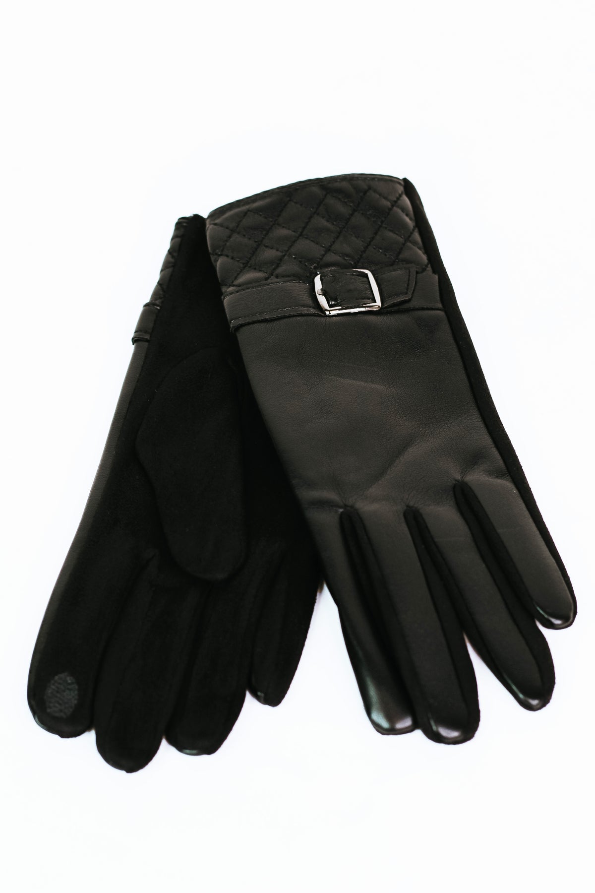 Faux Leather Gloves w/ Quilted Cuff & Buckle Strap