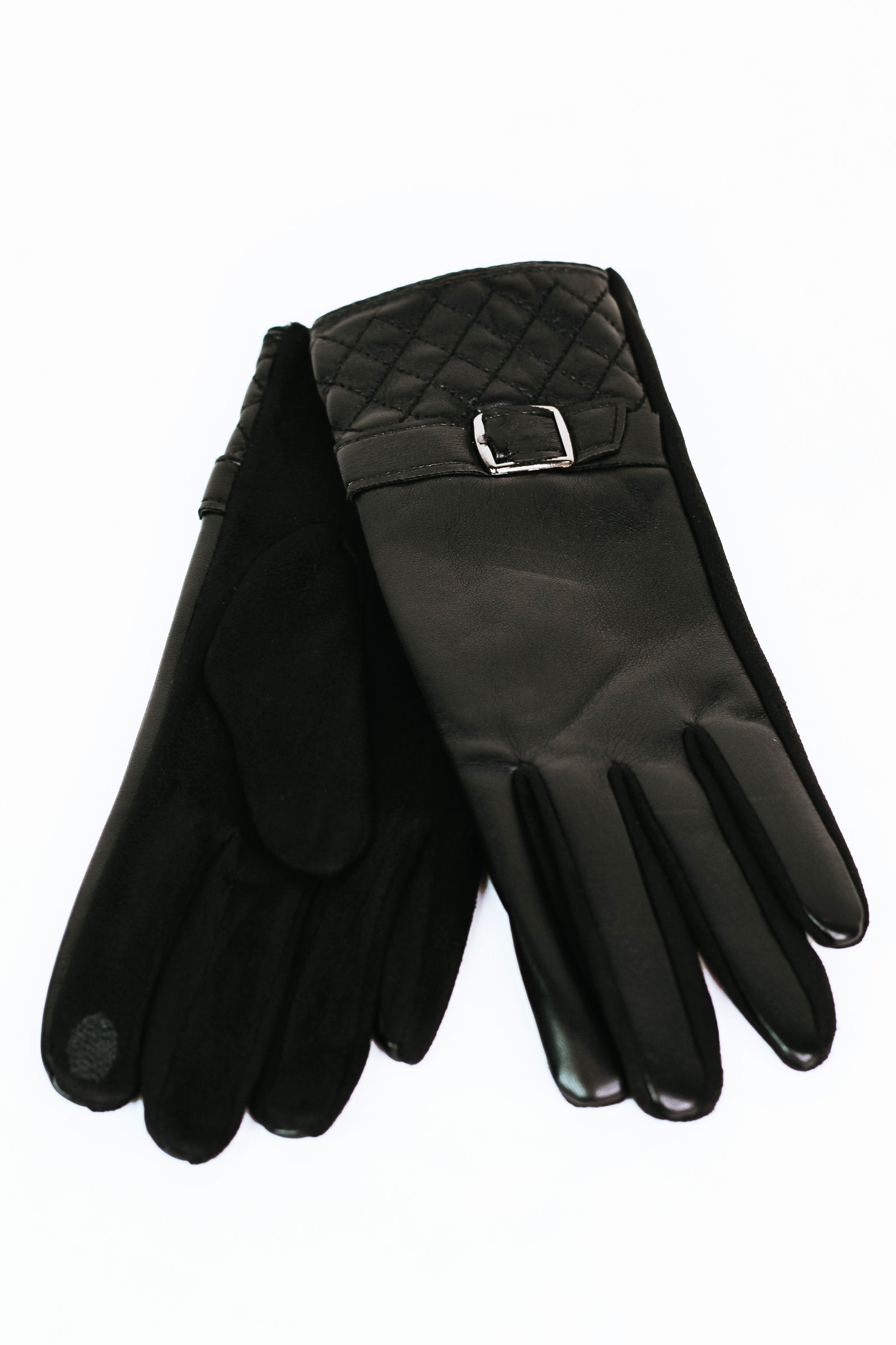 Faux Leather Gloves w/ Quilted Cuff & Buckle Strap