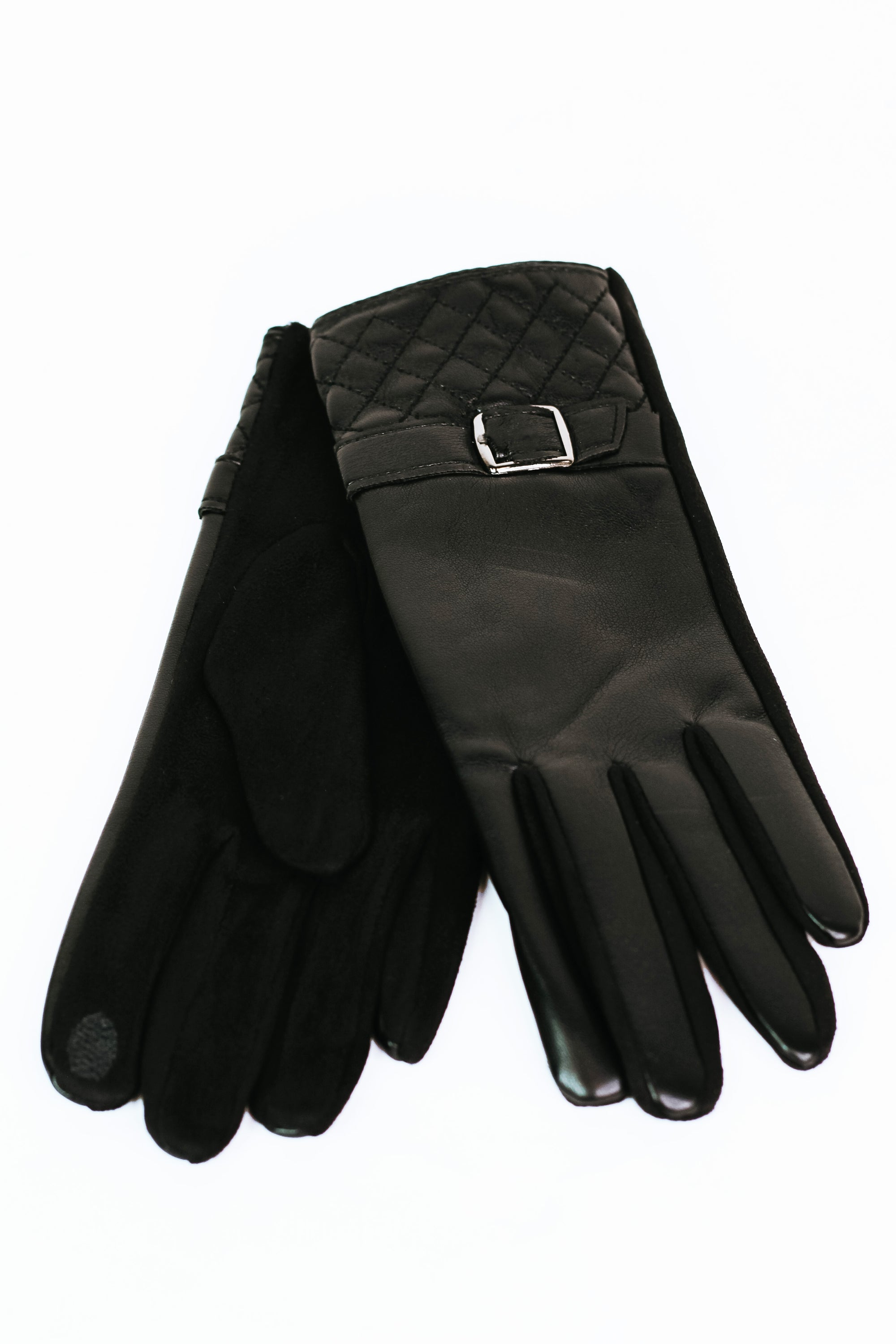 Faux Leather Gloves w/ Quilted Cuff & Buckle Strap