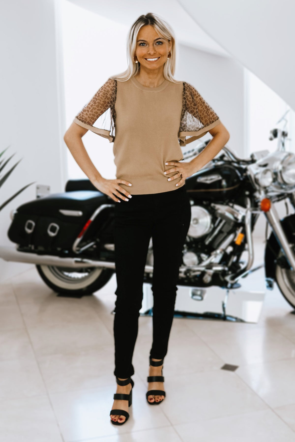 Sweater Top w/ Sheer Leopard Print Flounce Sleeves