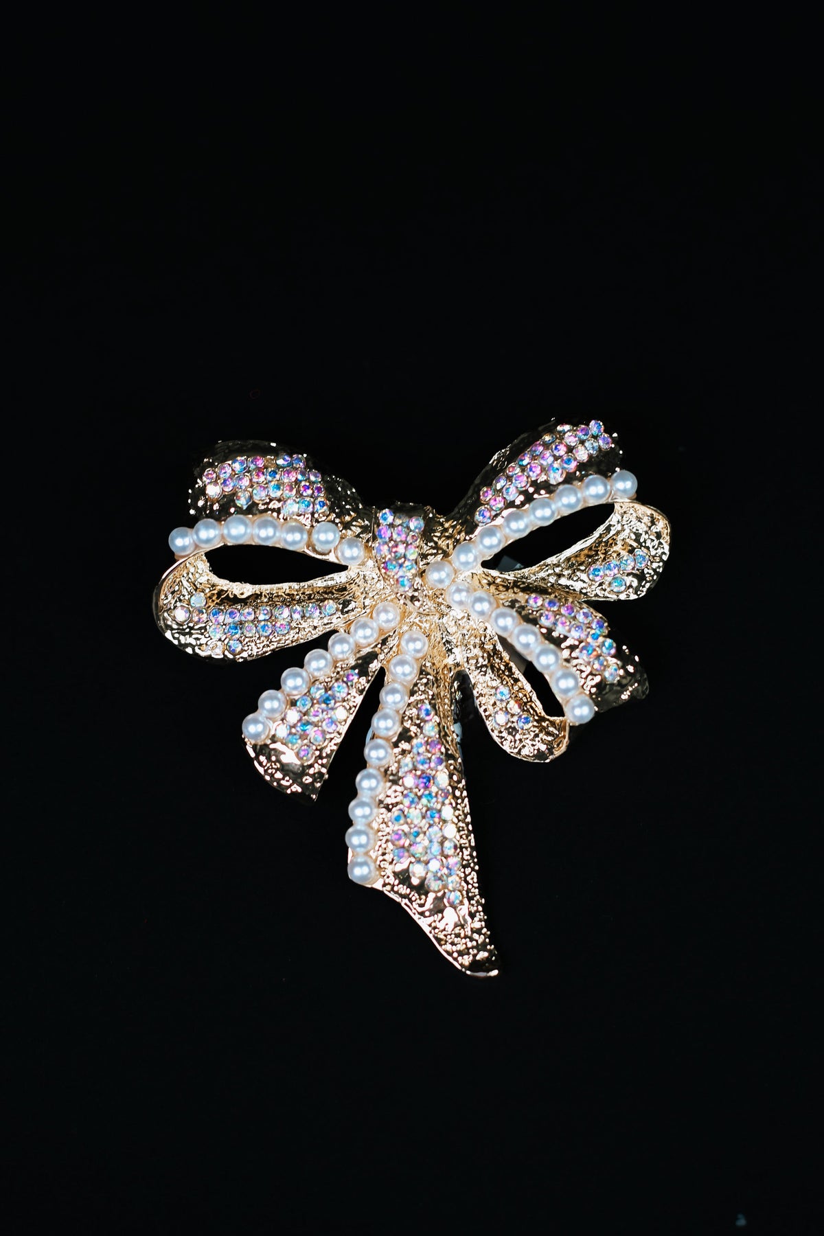 Textured Metal Pearl &amp; Rhinestone Bow Brooch