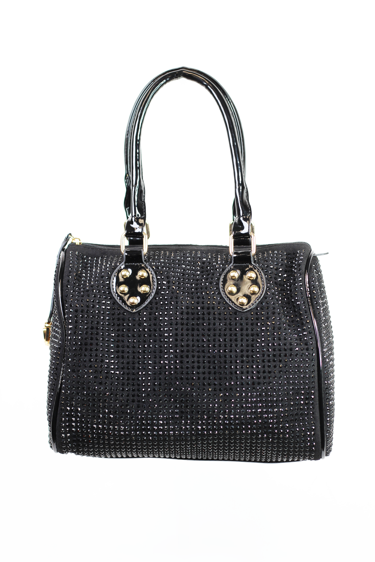 All Over Rhinestone Duffle Purse w/ Faux Patent Leather Accents