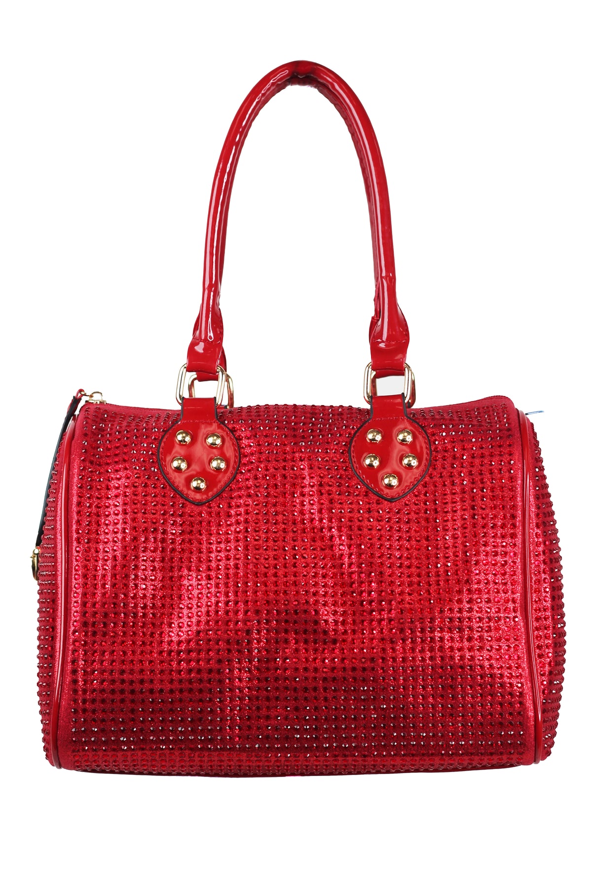 All Over Rhinestone Duffle Purse w/ Faux Patent Leather Accents