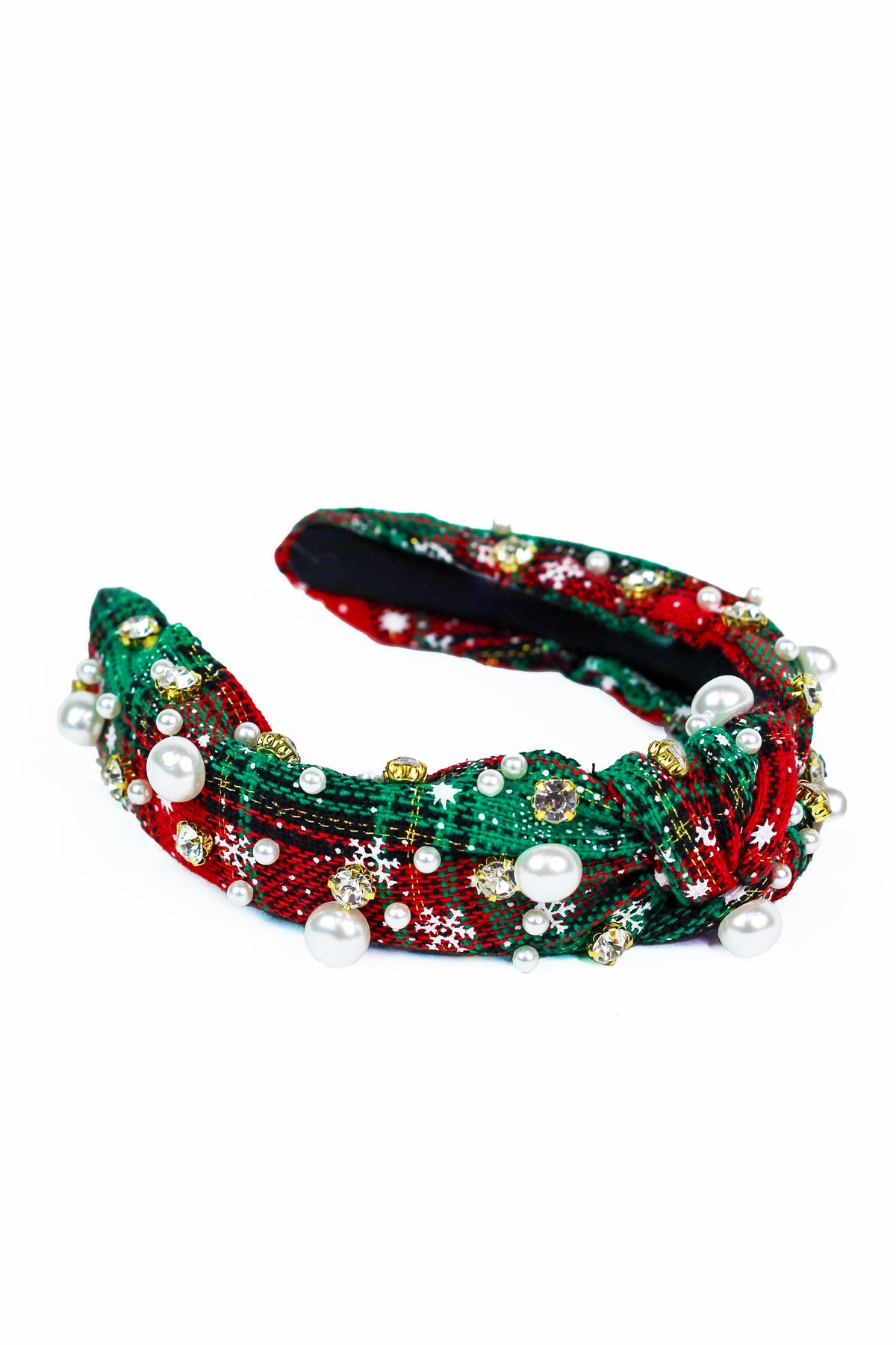 Snowflake Plaid Fabric Knot Headband w/ Pearl &amp; Stone Accents