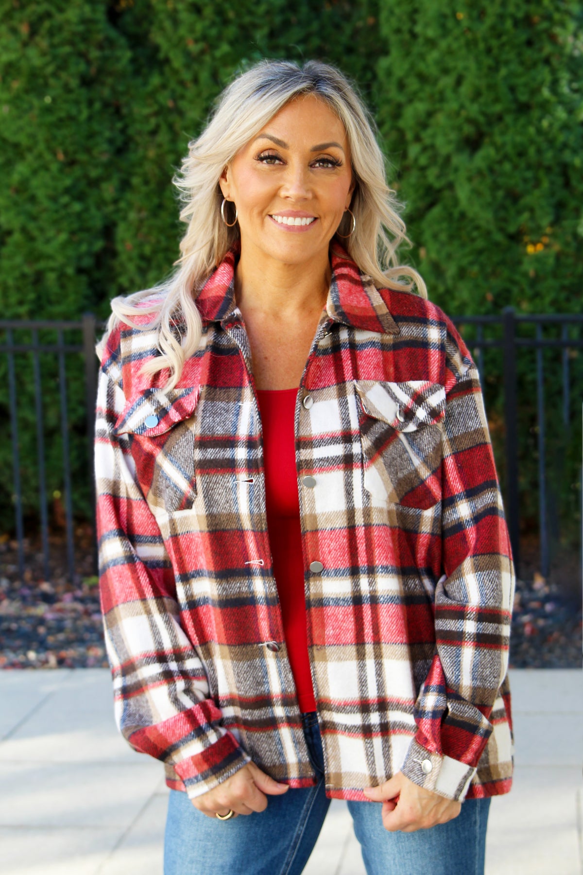 Color Block Long Sleeve Button Down Plaid Shacket