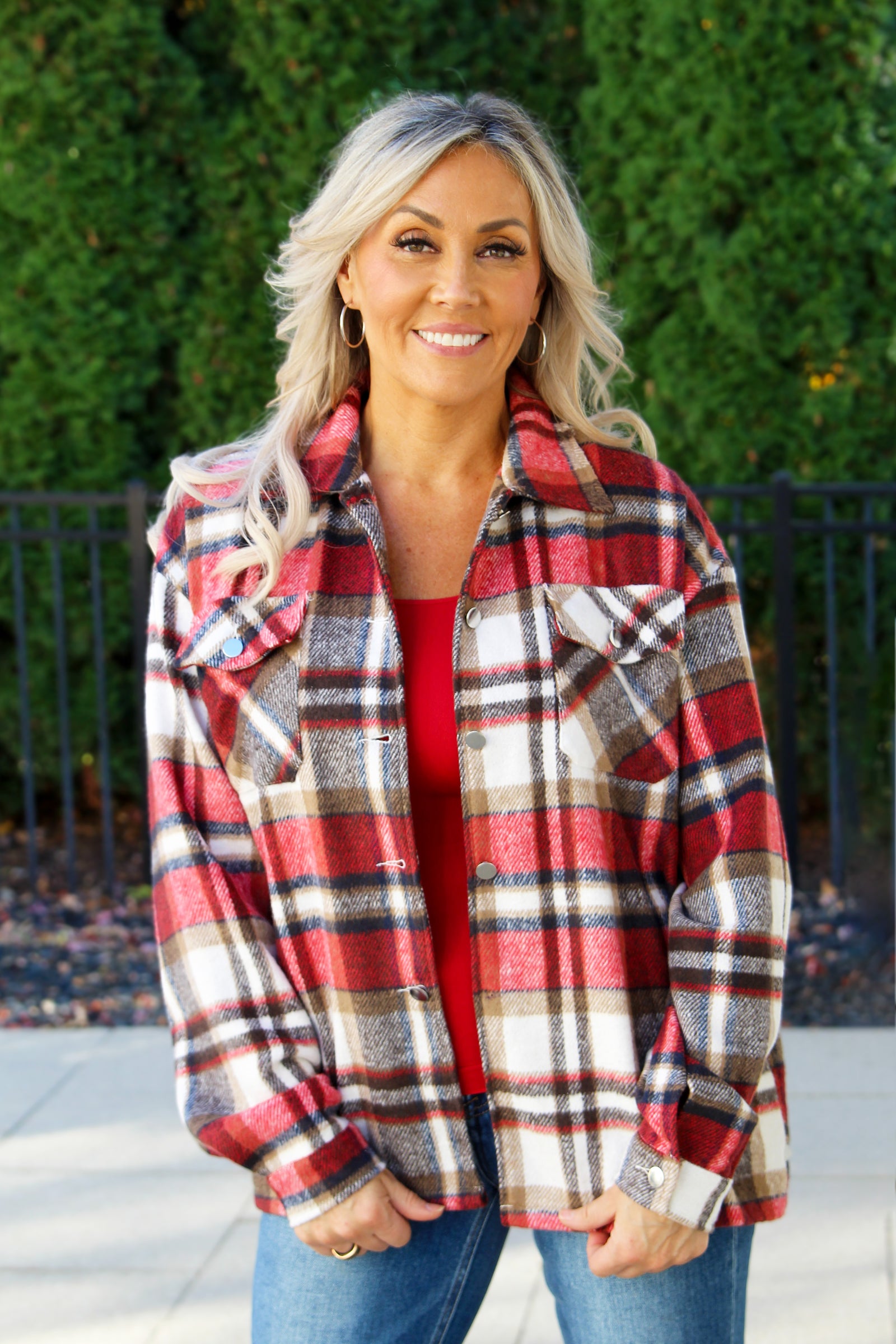 Color Block Long Sleeve Button Down Plaid Shacket