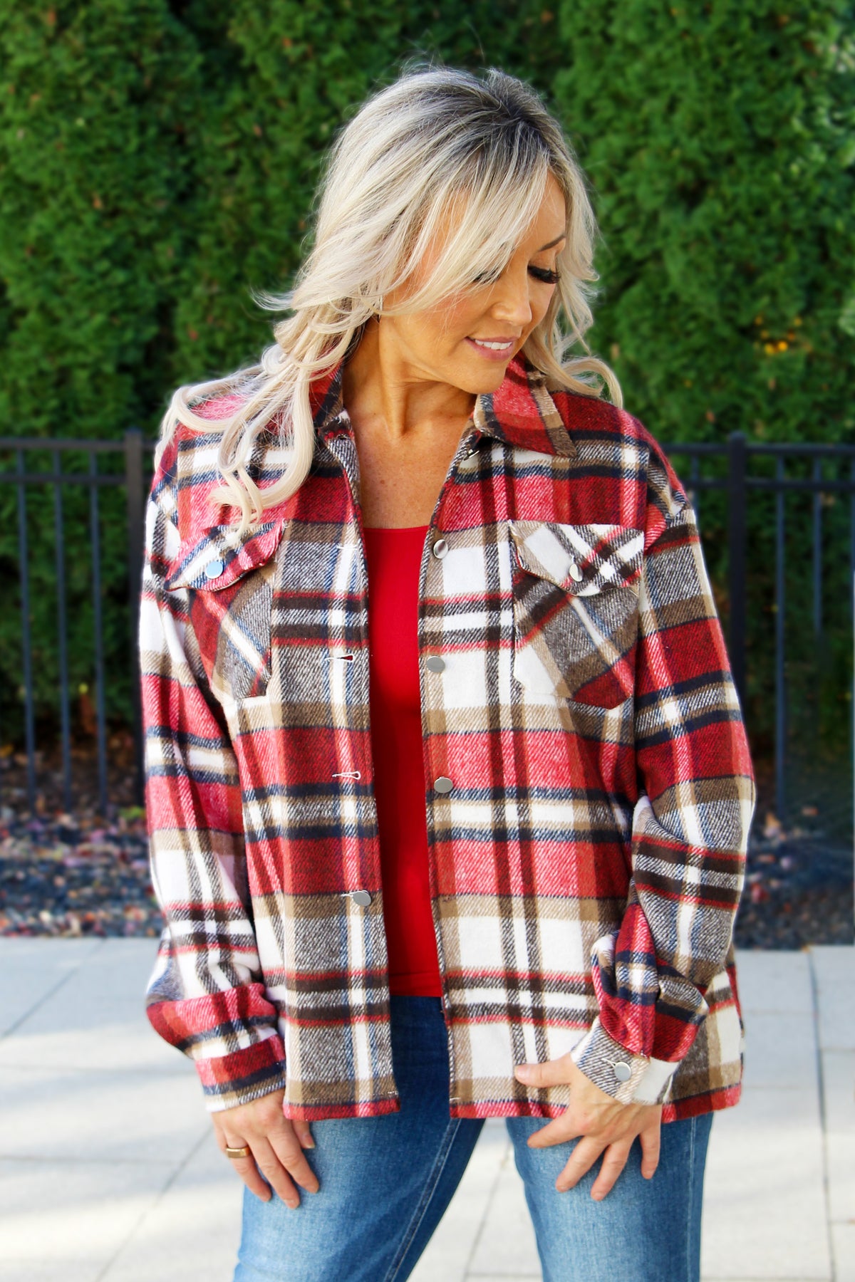 Color Block Long Sleeve Button Down Plaid Shacket