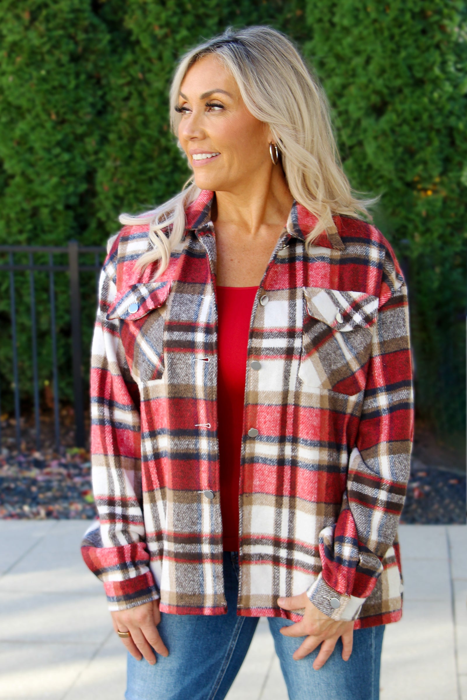 Color Block Long Sleeve Button Down Plaid Shacket