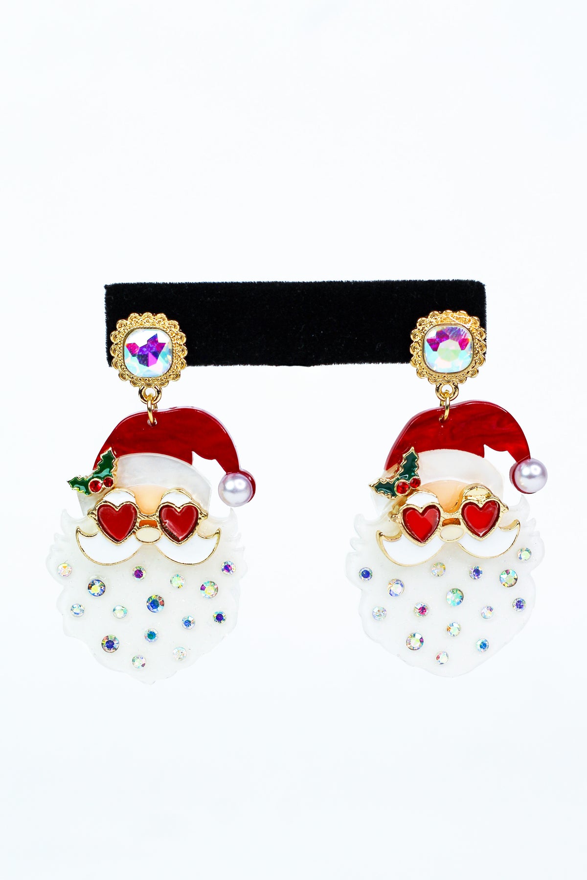 Santa w/ Heart Glasses &amp; Stone Accent Epoxy Earrings