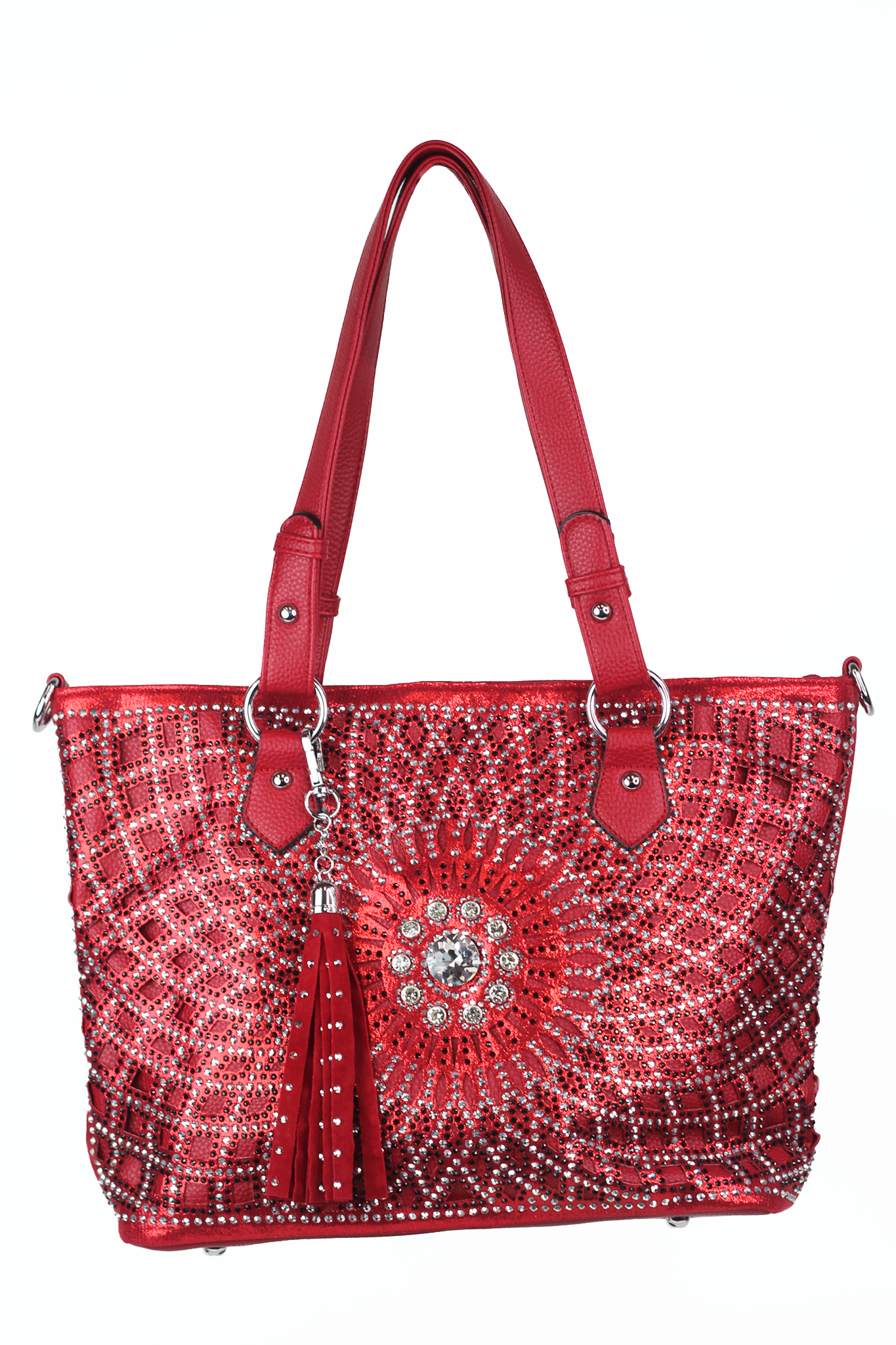 Rhinestone Studded Flower Center Tassel Double Handle Handbag
