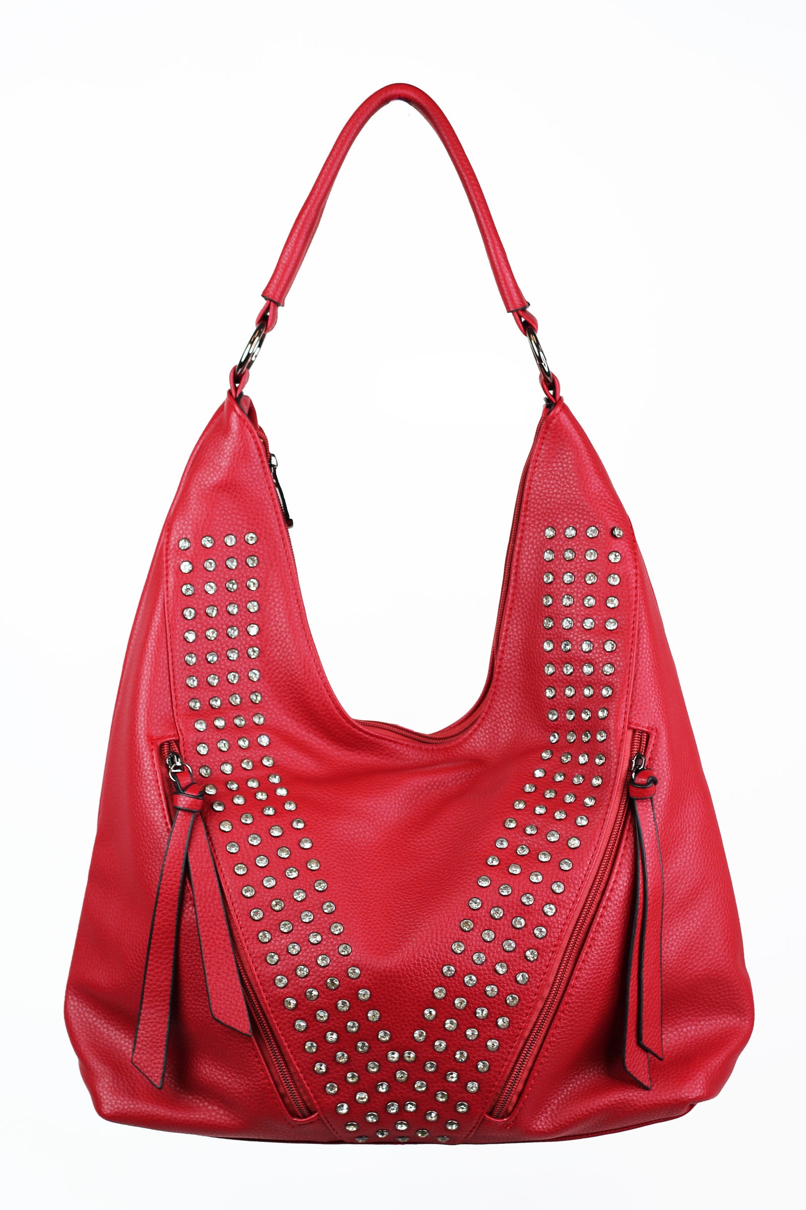 One Handle U-Top Purse w/ Front Zip Pockets & Rhinestone Accents