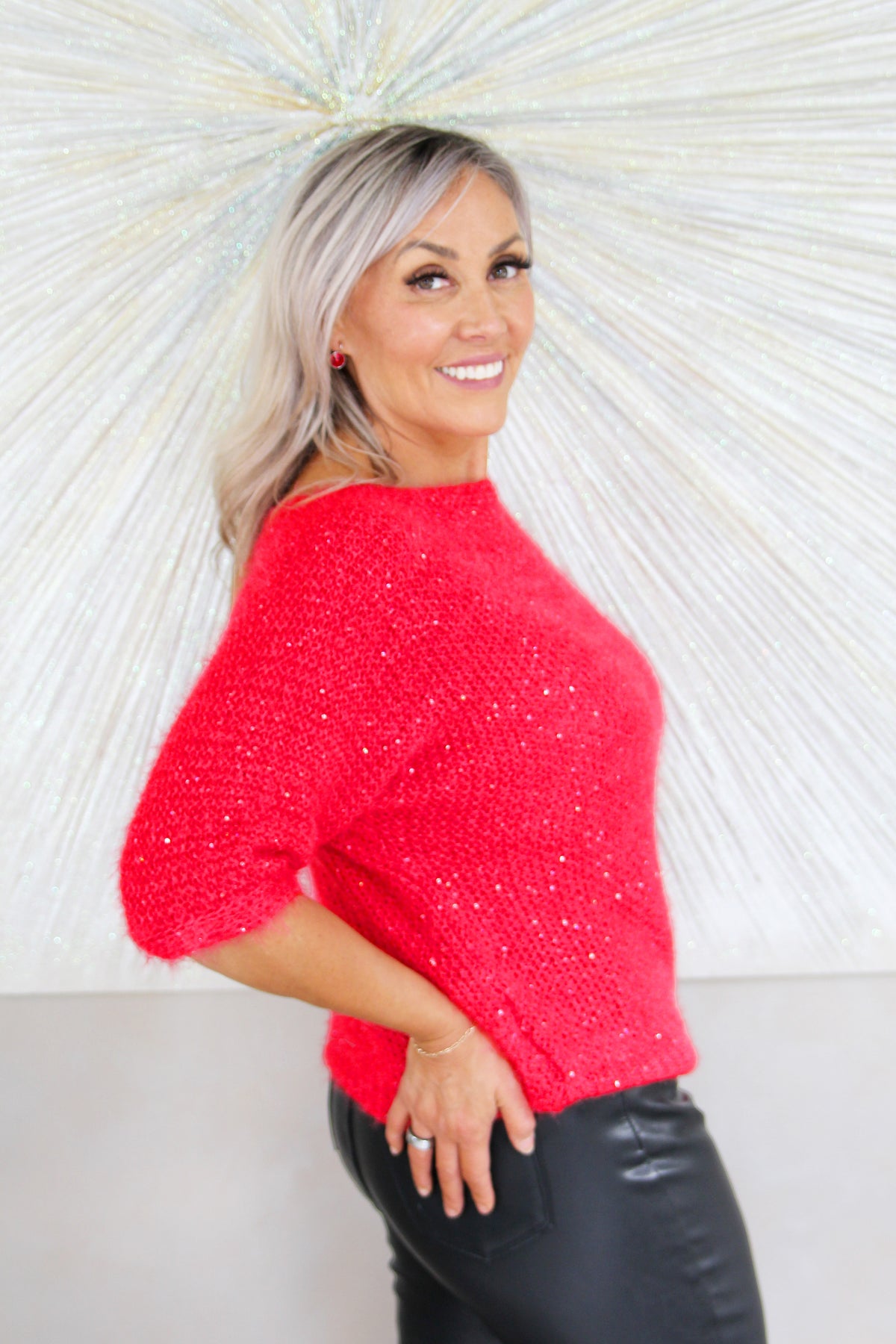 Short Sleeve Fluffy Sweater w/ Sequin Accents