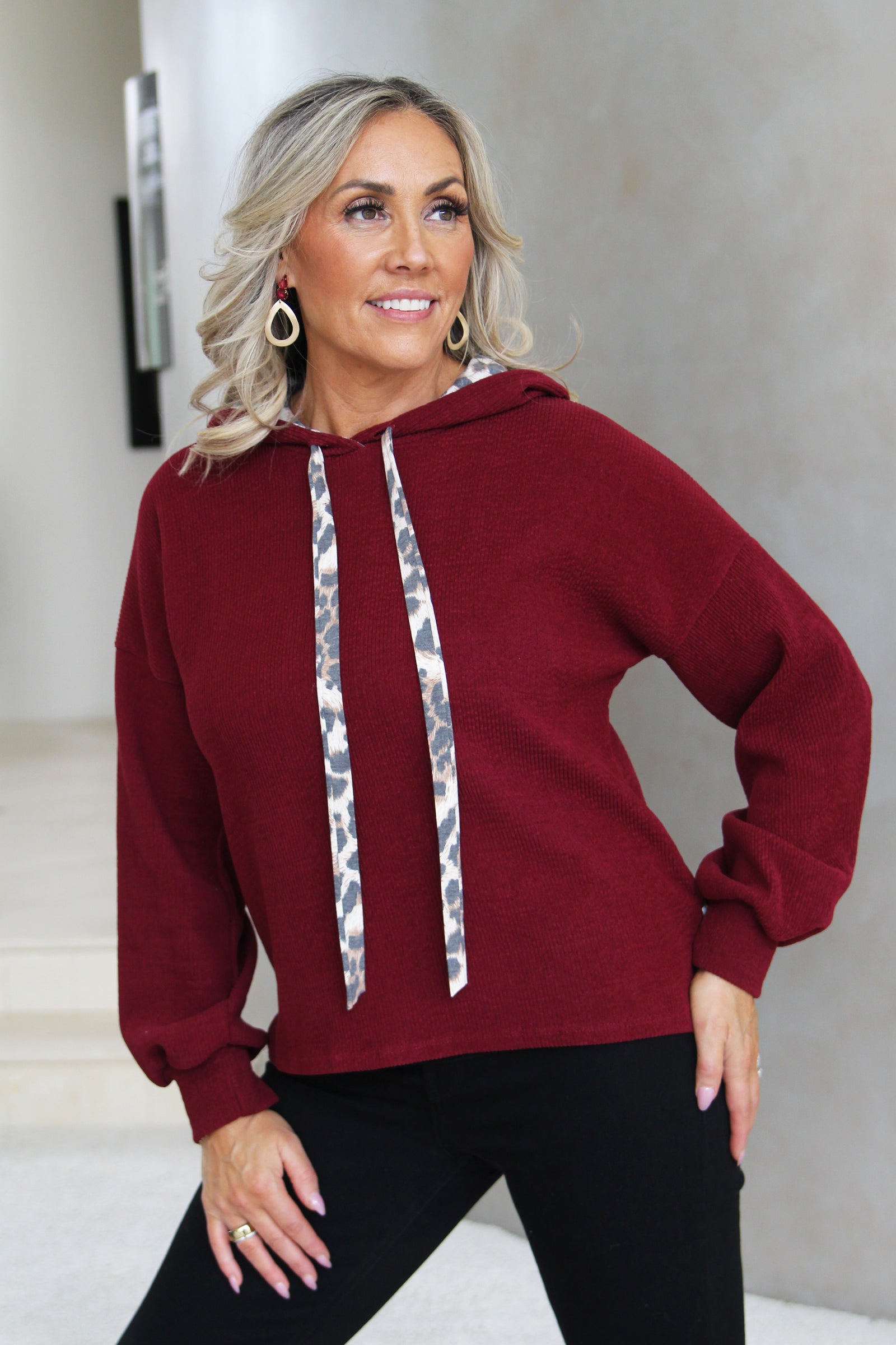 Pullover Sweater W/ Accent Leopard Hood & Drawstrings